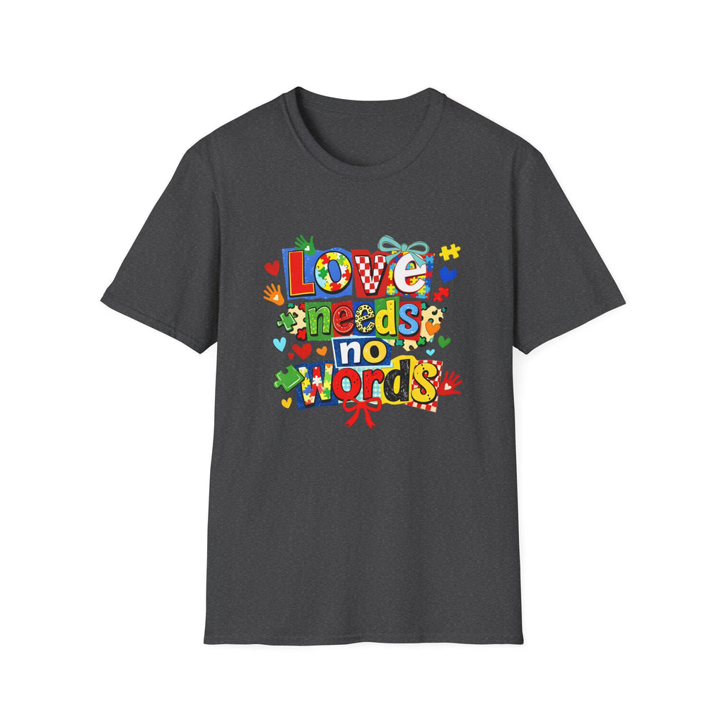 Love Needs No Words T-Shirt | Colorful Handprint Heart Illustration