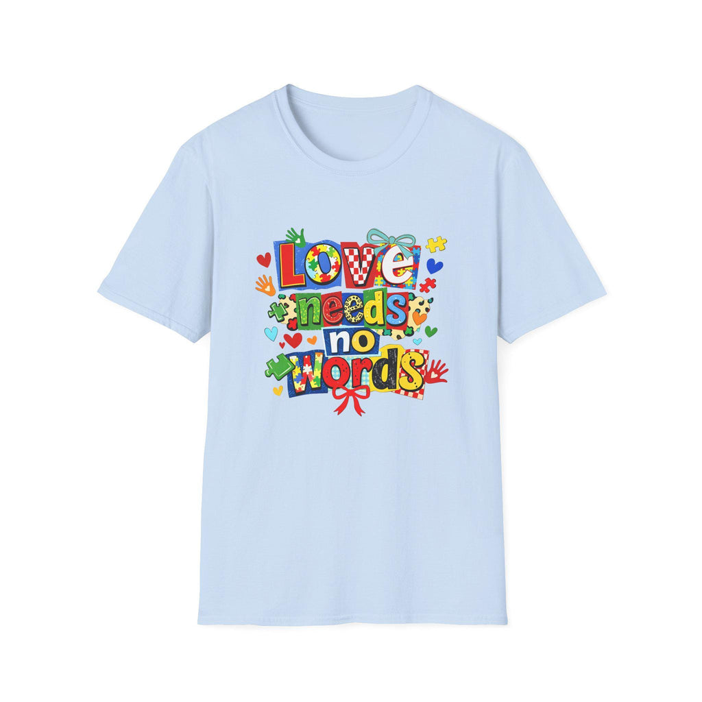 Love Needs No Words T-Shirt | Colorful Handprint Heart Illustration