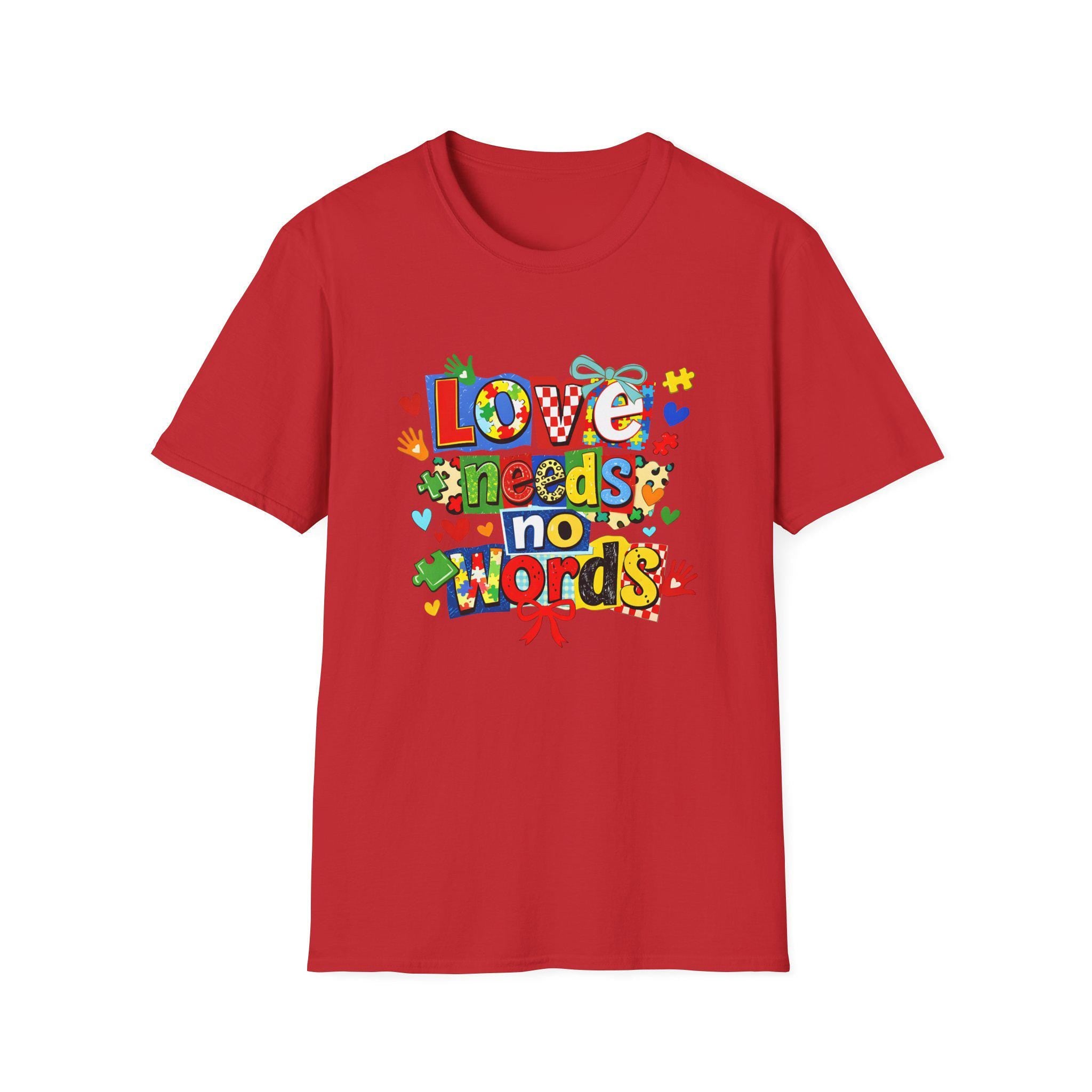 Love Needs No Words T-Shirt | Colorful Handprint Heart Illustration
