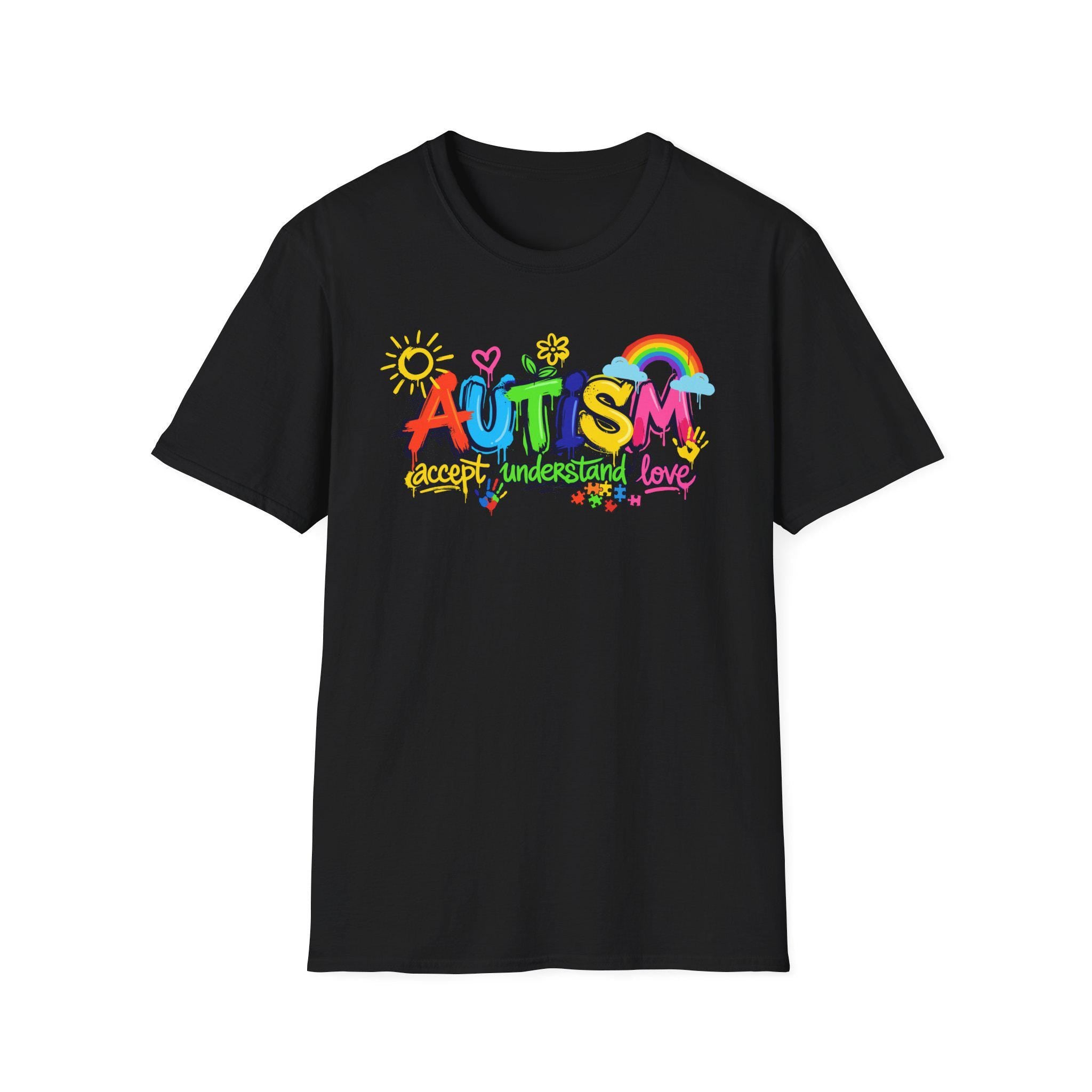 Autism Awareness colorful text T-Shirt | rainbow puzzle heart design