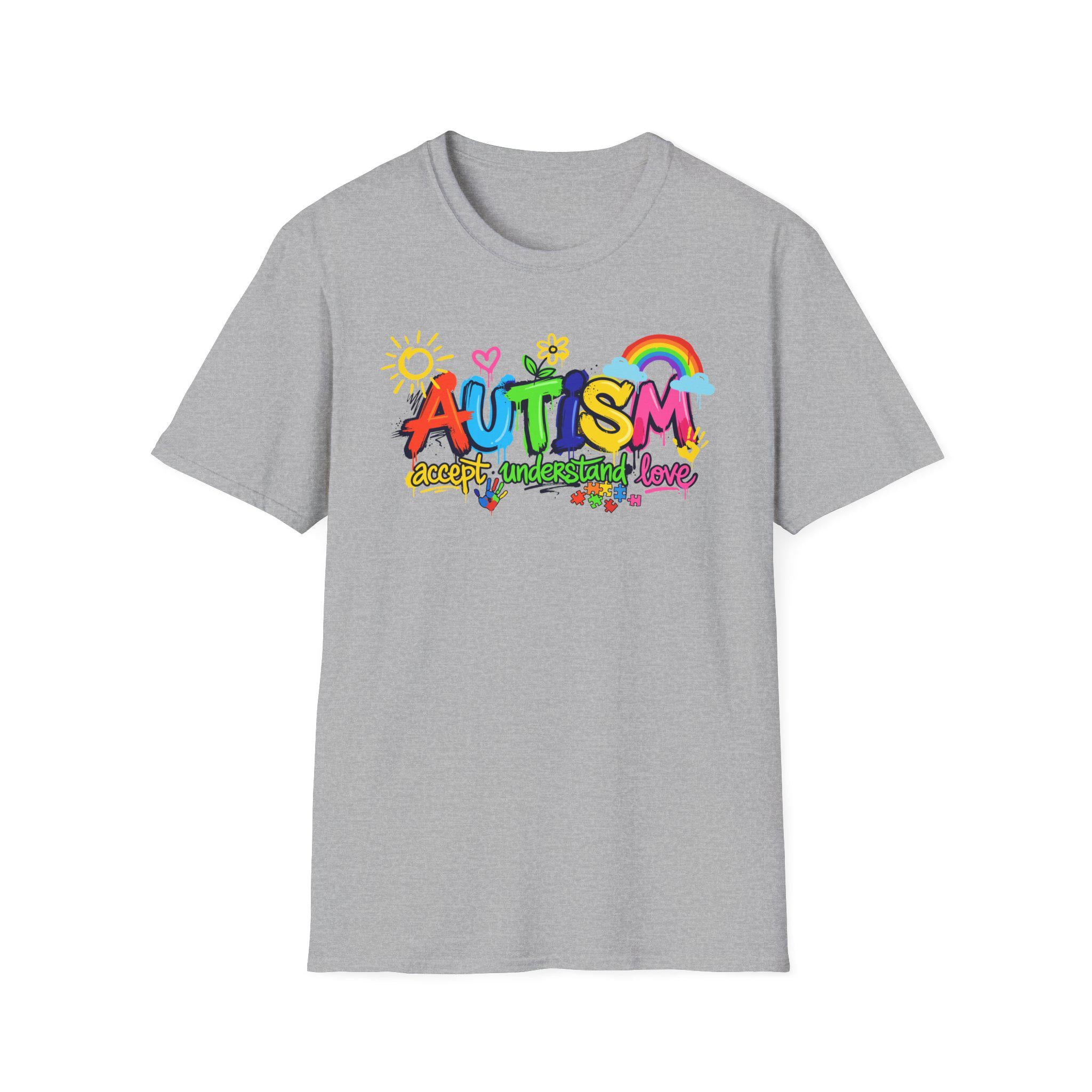 Autism Awareness colorful text T-Shirt | rainbow puzzle heart design