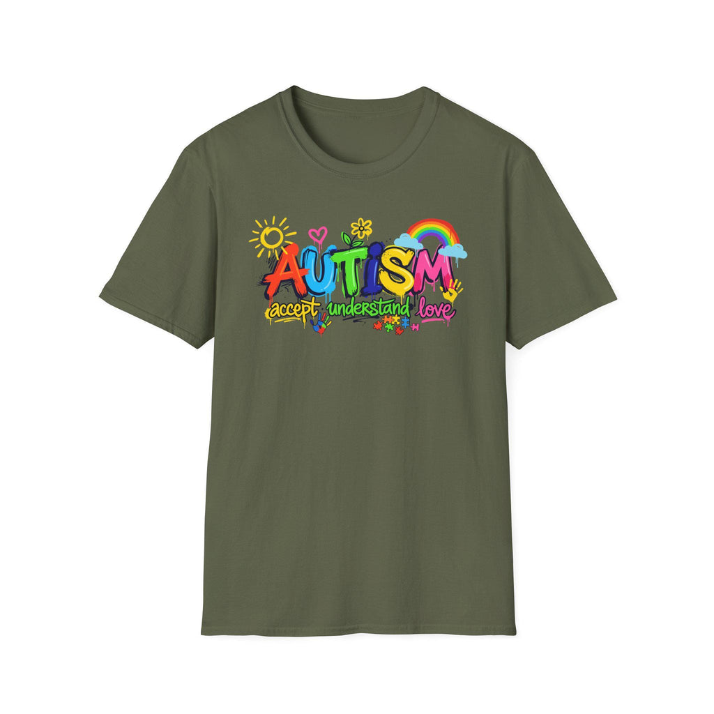 Autism Awareness colorful text T-Shirt | rainbow puzzle heart design