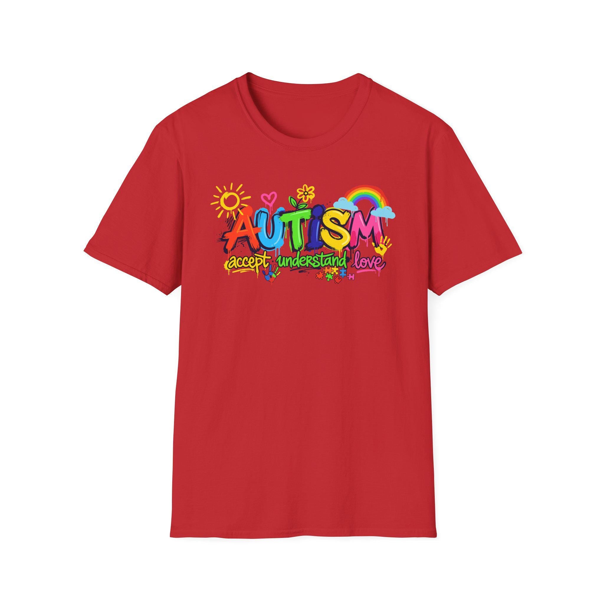 Autism Awareness colorful text T-Shirt | rainbow puzzle heart design
