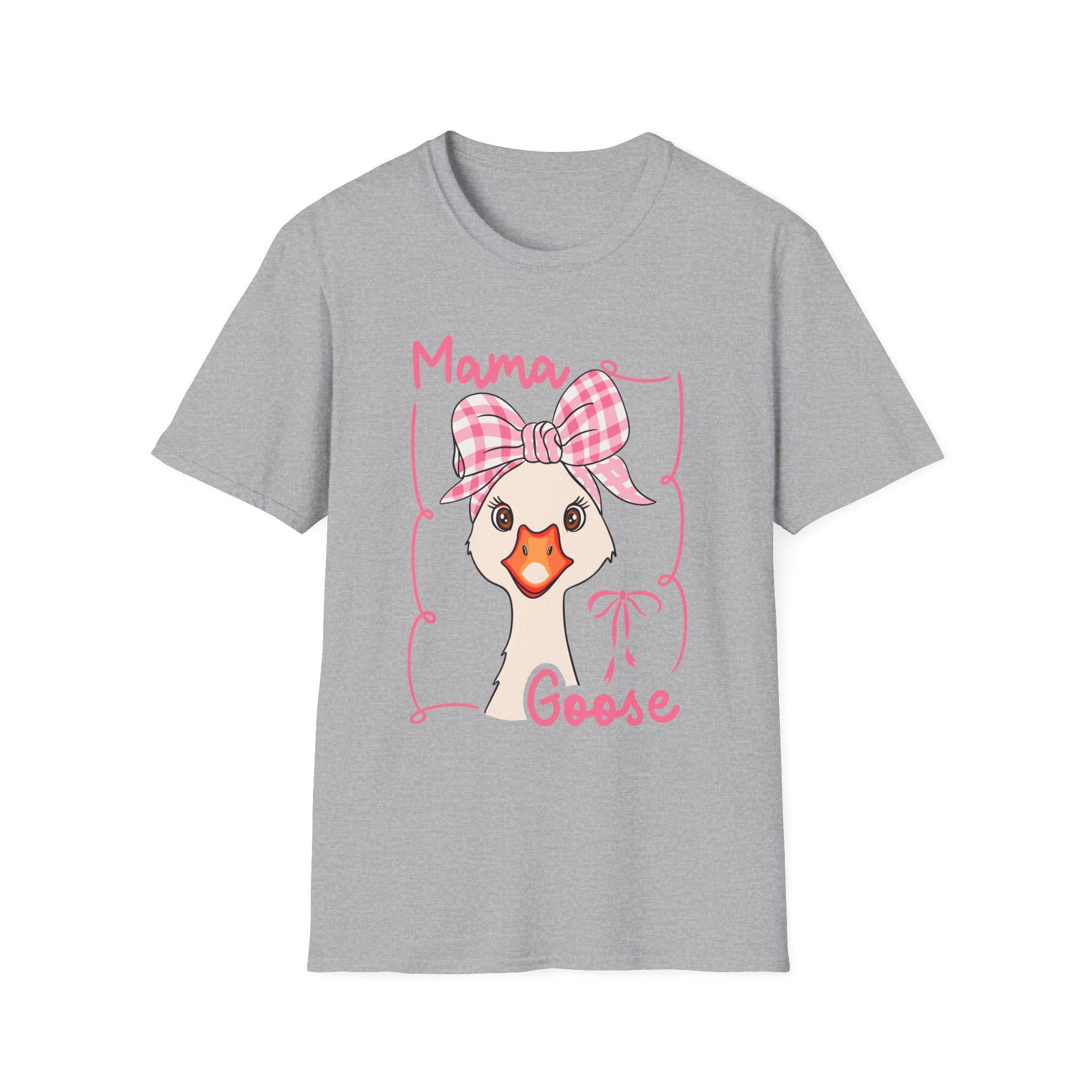 Mama Goose T-Shirt | Whimsical Goose Illustration, Pink Gingham Bow