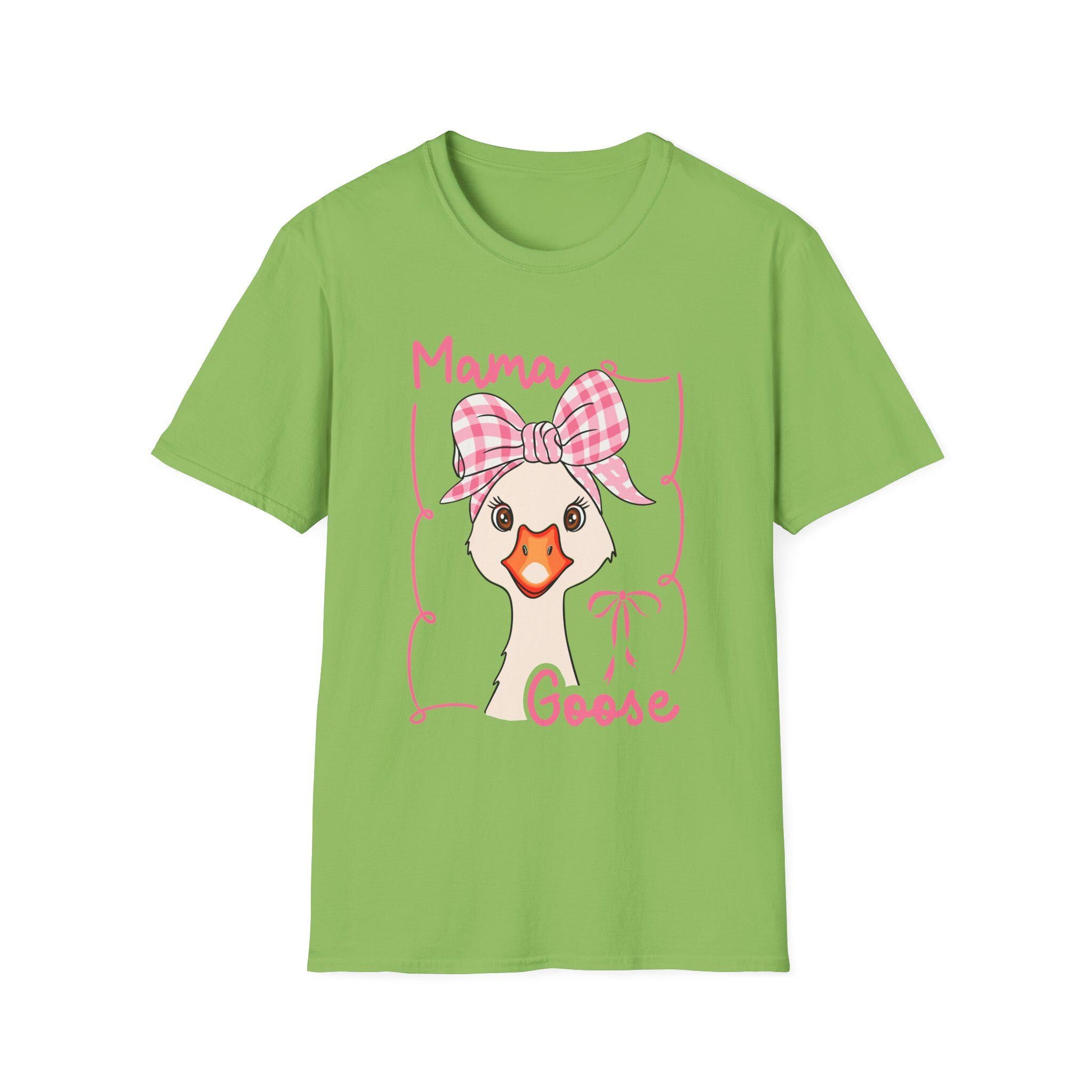 Mama Goose T-Shirt | Whimsical Goose Illustration, Pink Gingham Bow