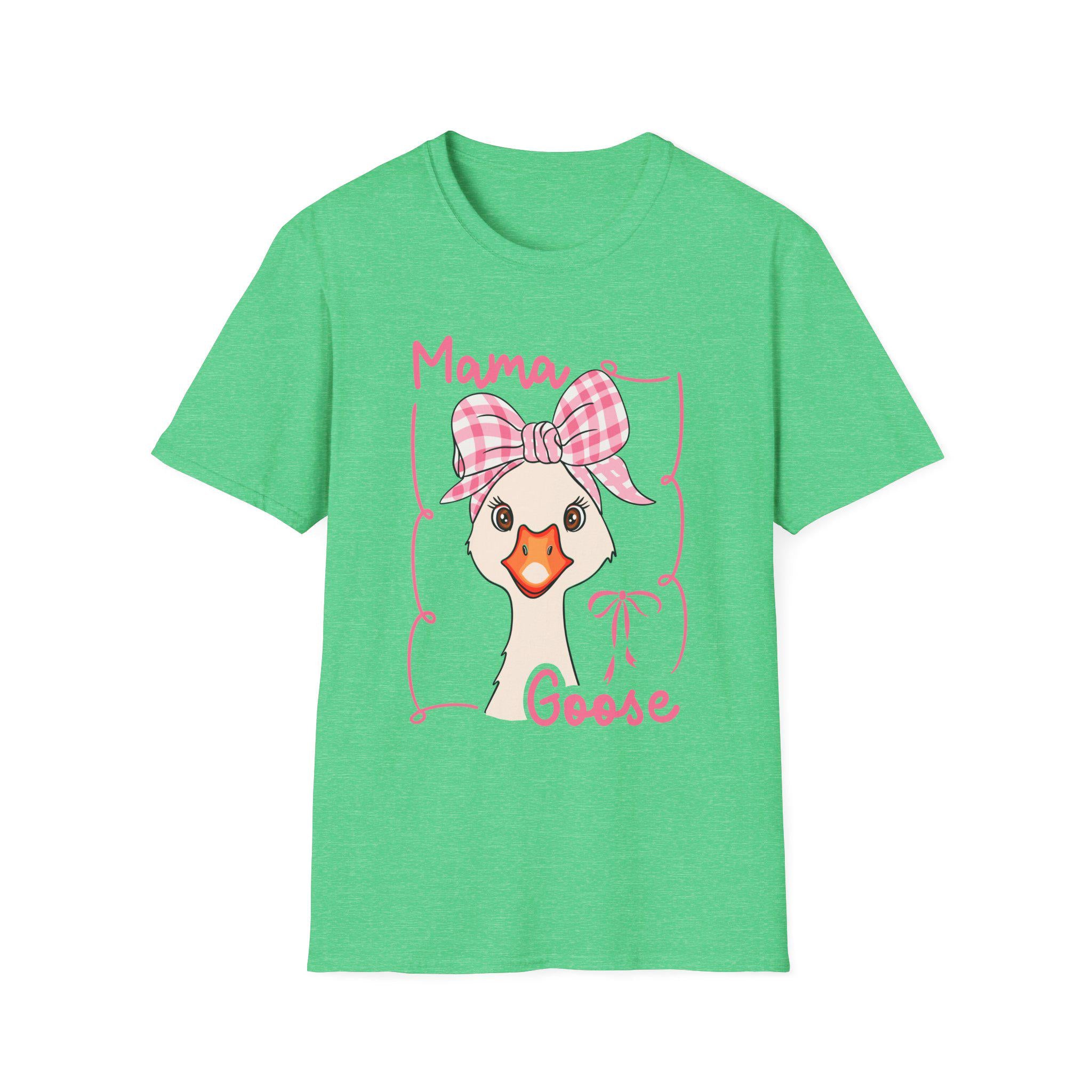 Mama Goose T-Shirt | Whimsical Goose Illustration, Pink Gingham Bow