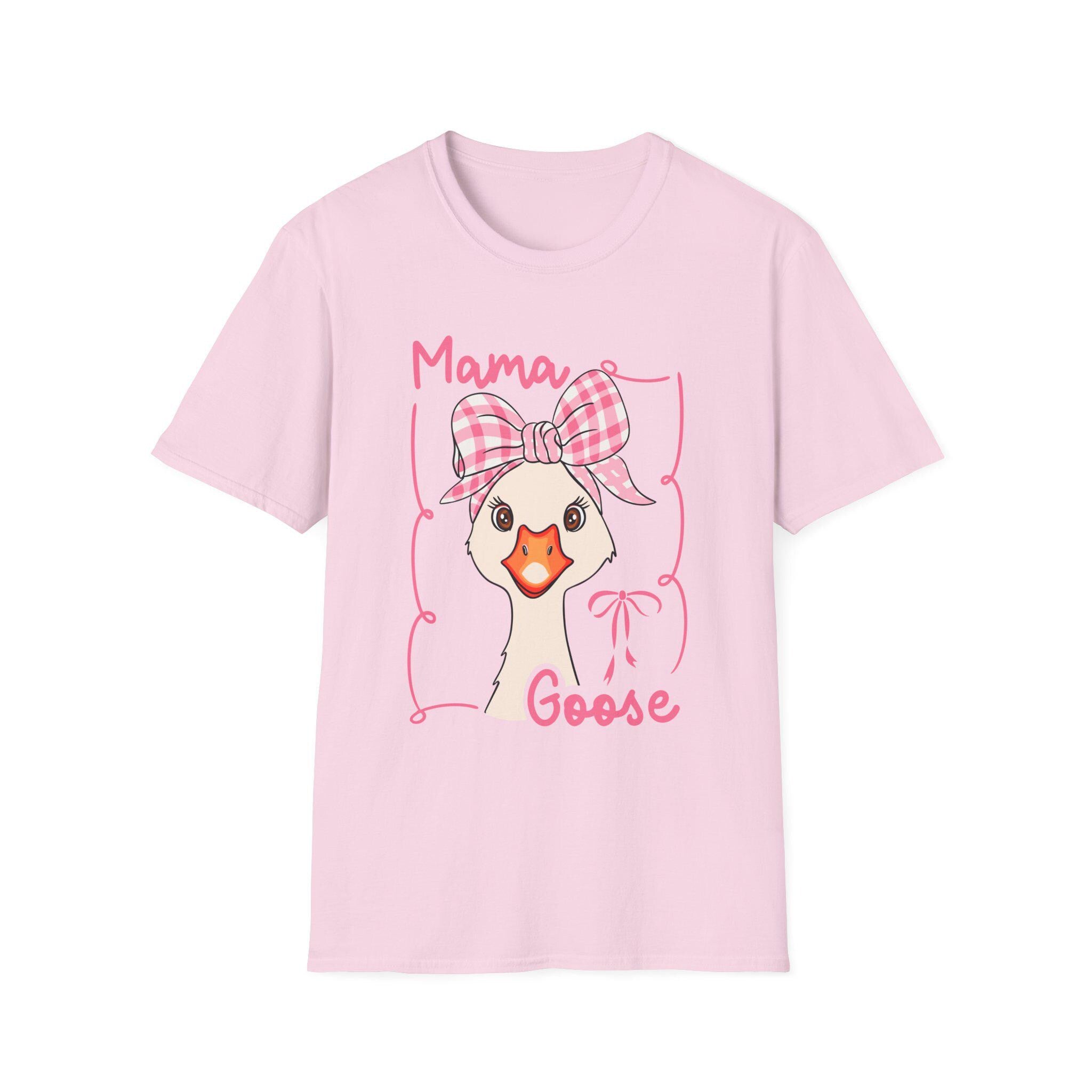 Mama Goose T-Shirt | Whimsical Goose Illustration, Pink Gingham Bow