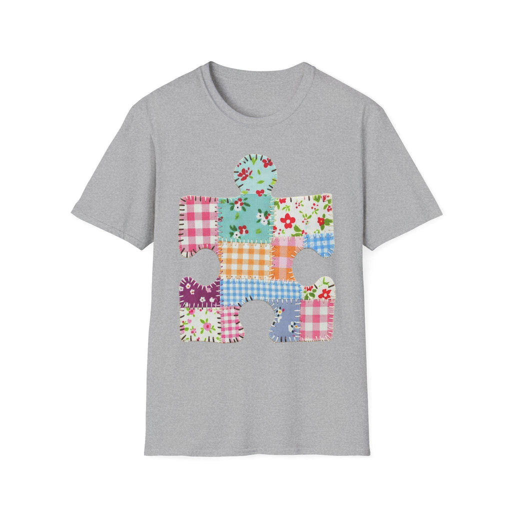Patchwork Floral Puzzle Piece T-Shirt | Autism Awareness, Quilted Plaid Design