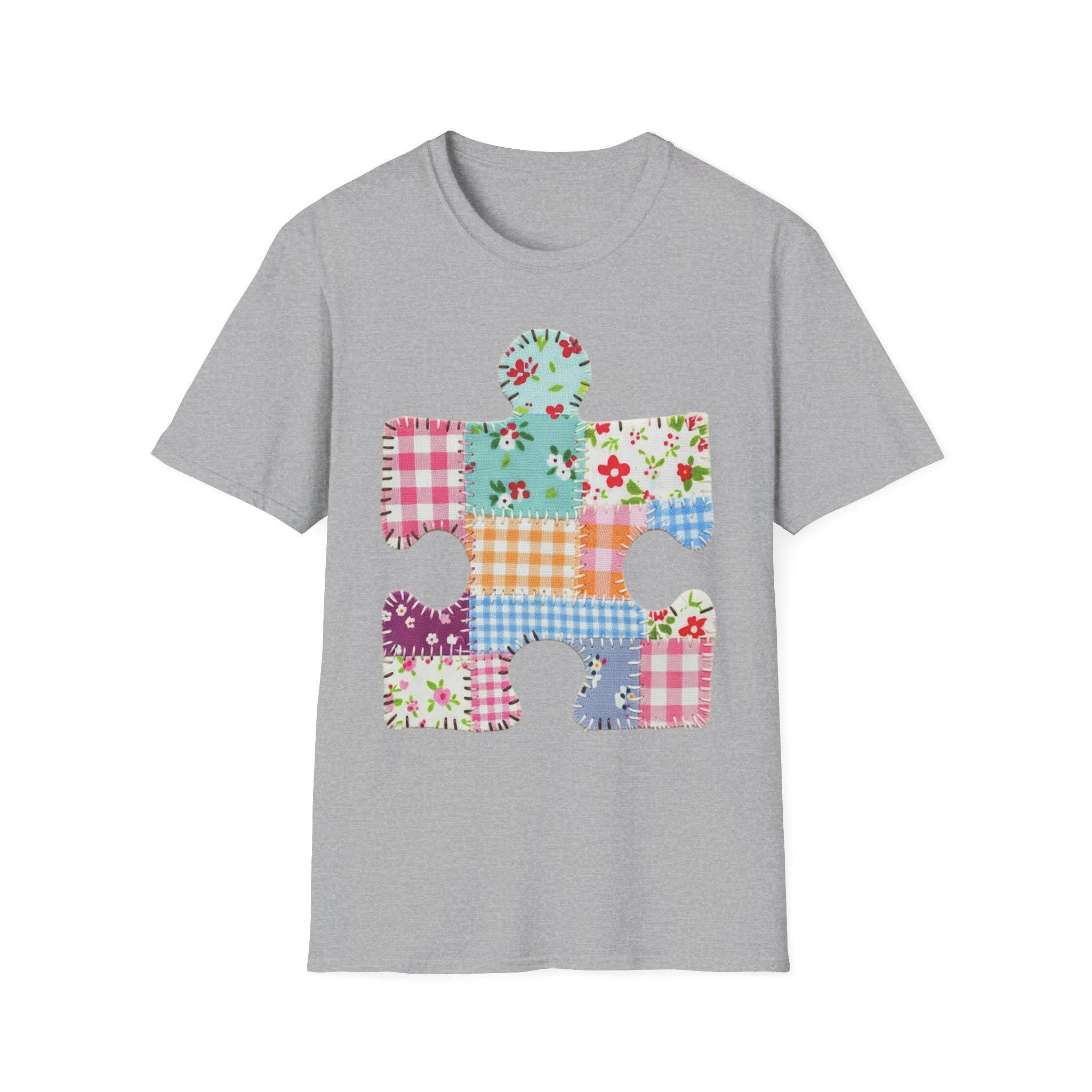 Patchwork Floral Puzzle Piece T-Shirt | Autism Awareness, Quilted Plaid Design