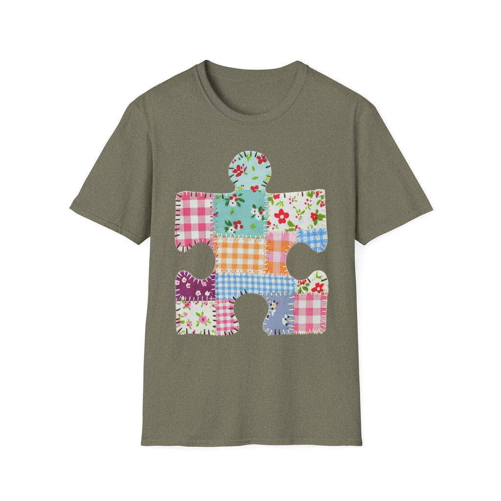 Patchwork Floral Puzzle Piece T-Shirt | Autism Awareness, Quilted Plaid Design