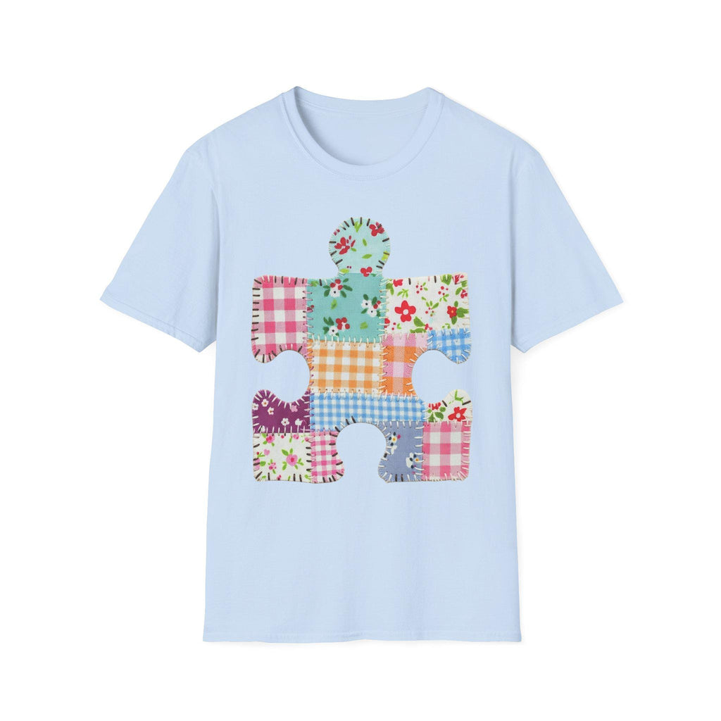 Patchwork Floral Puzzle Piece T-Shirt | Autism Awareness, Quilted Plaid Design