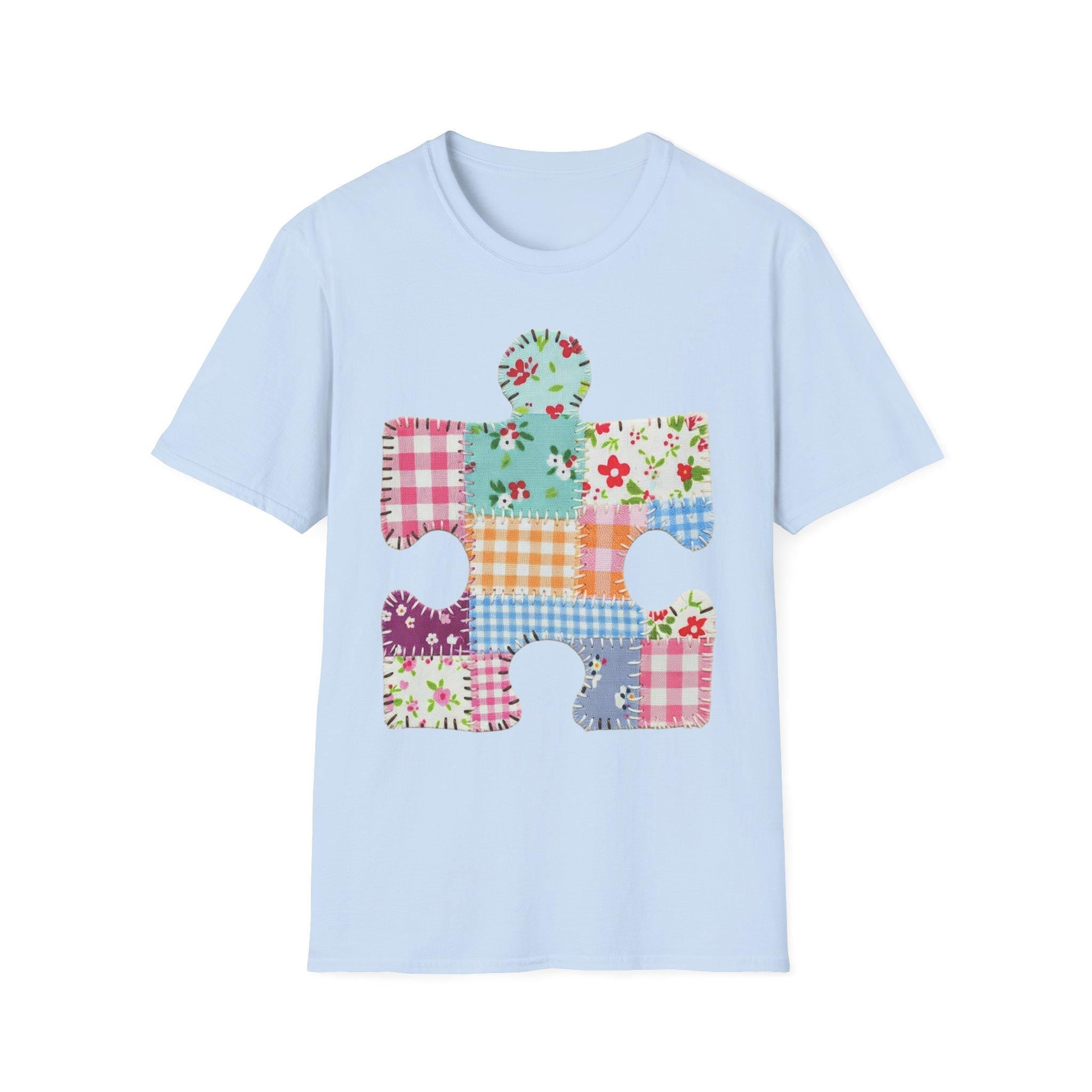 Patchwork Floral Puzzle Piece T-Shirt | Autism Awareness, Quilted Plaid Design