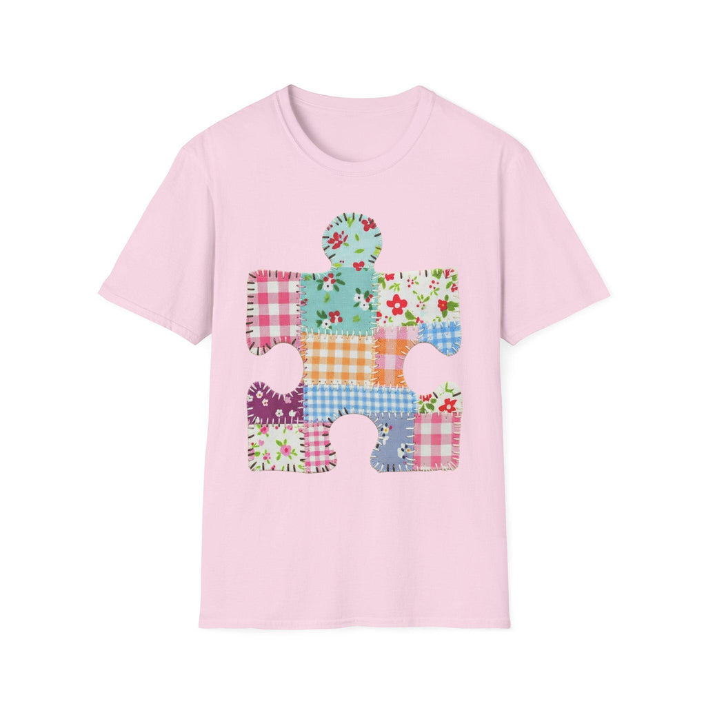 Patchwork Floral Puzzle Piece T-Shirt | Autism Awareness, Quilted Plaid Design