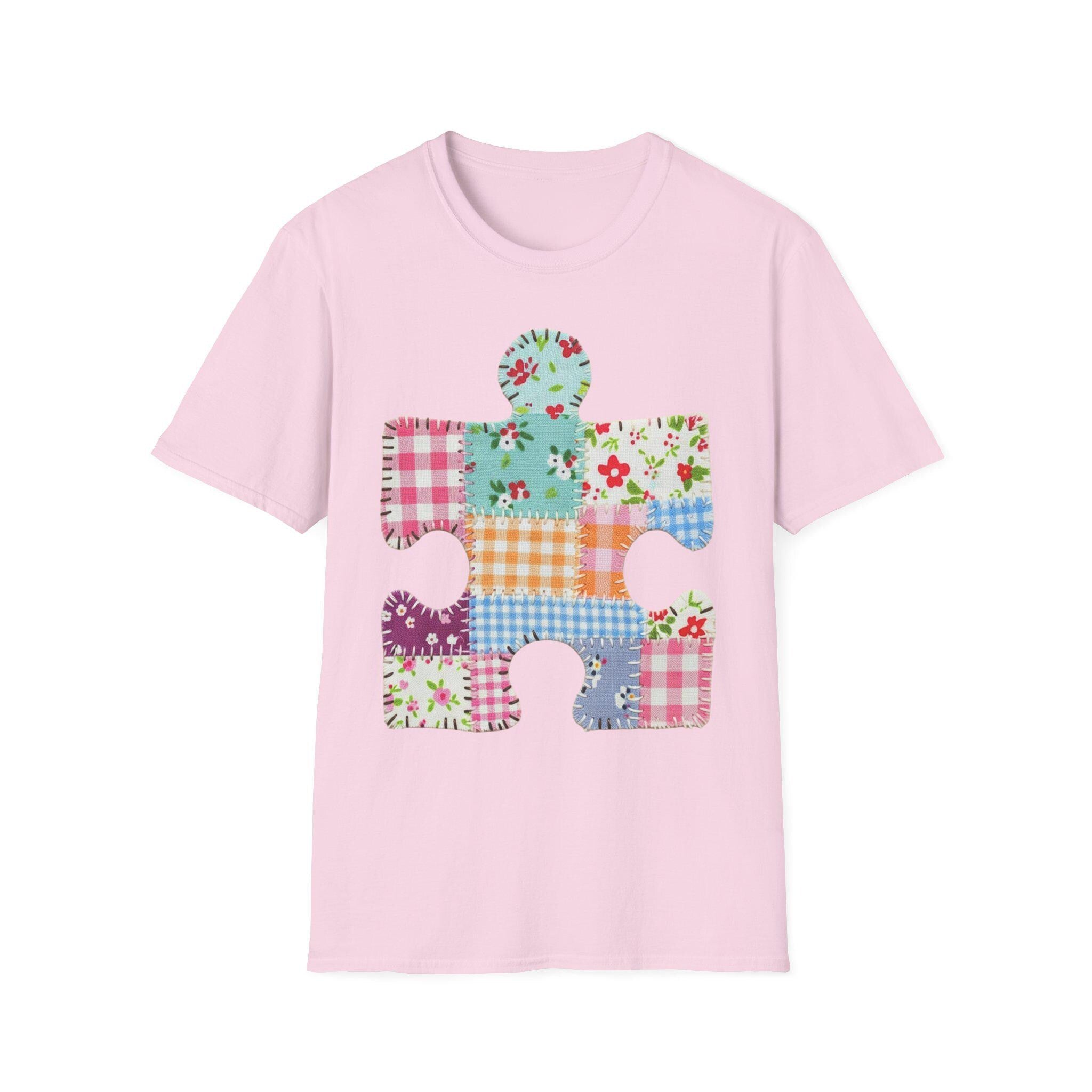 Patchwork Floral Puzzle Piece T-Shirt | Autism Awareness, Quilted Plaid Design
