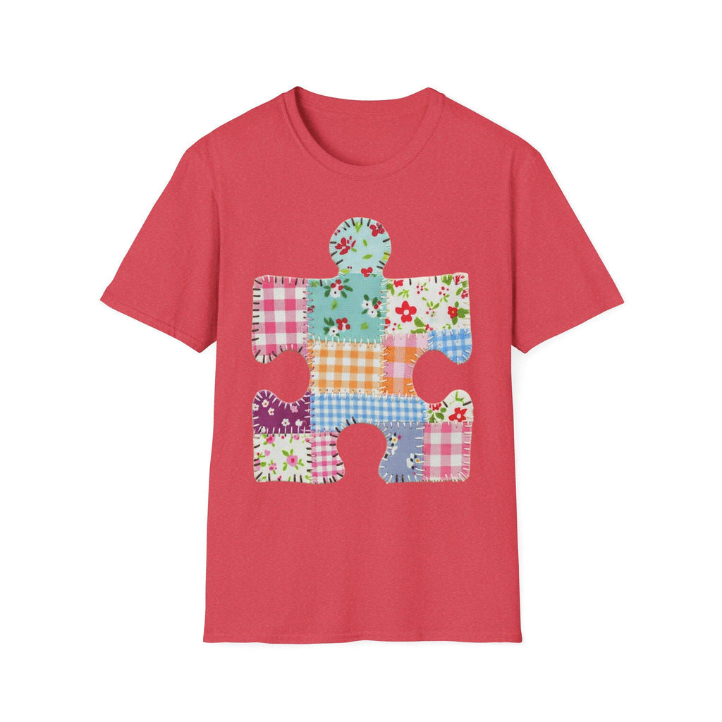 Patchwork Floral Puzzle Piece T-Shirt | Autism Awareness, Quilted Plaid Design