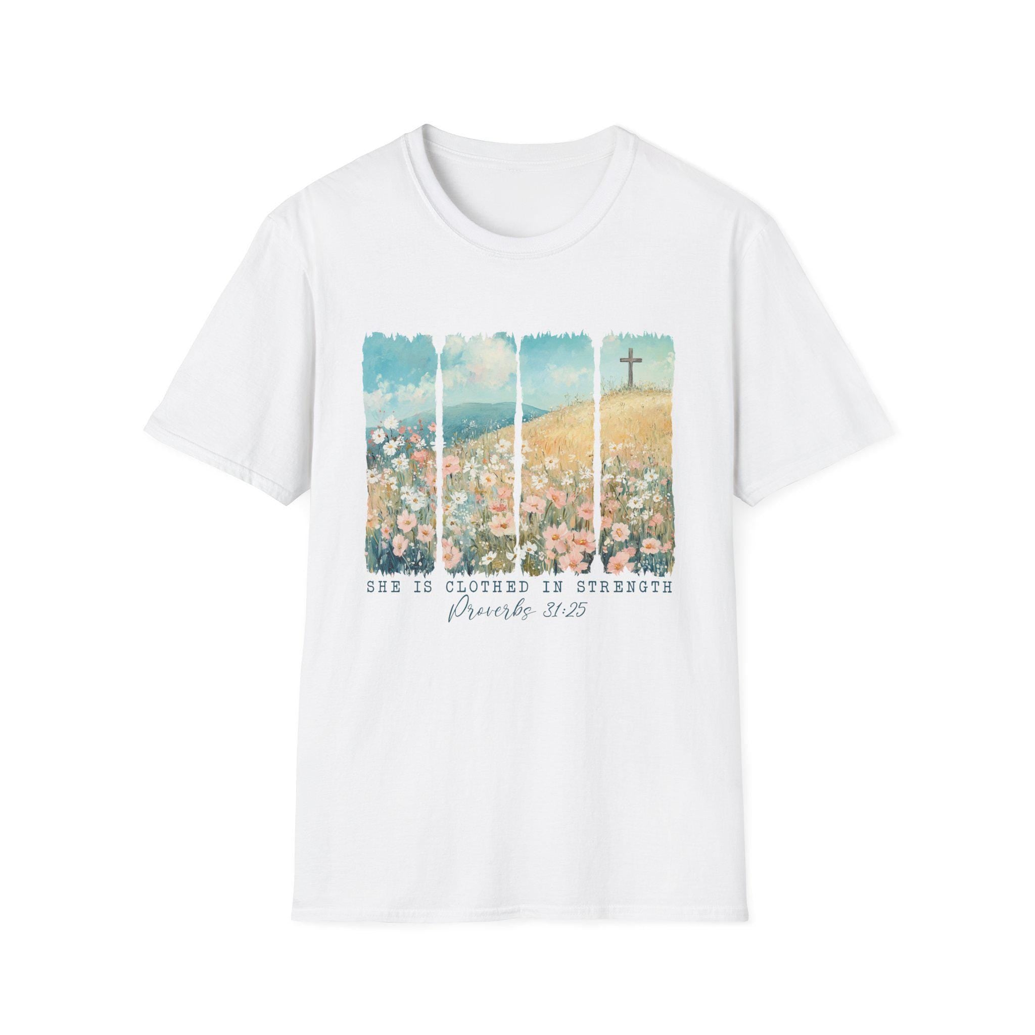 Scripture Floral Cross T-Shirt | Proverbs 31:25 faith tee, spring floral design