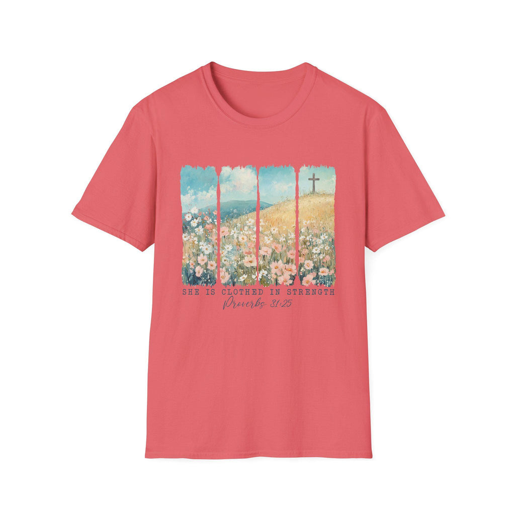 Scripture Floral Cross T-Shirt | Proverbs 31:25 faith tee, spring floral design