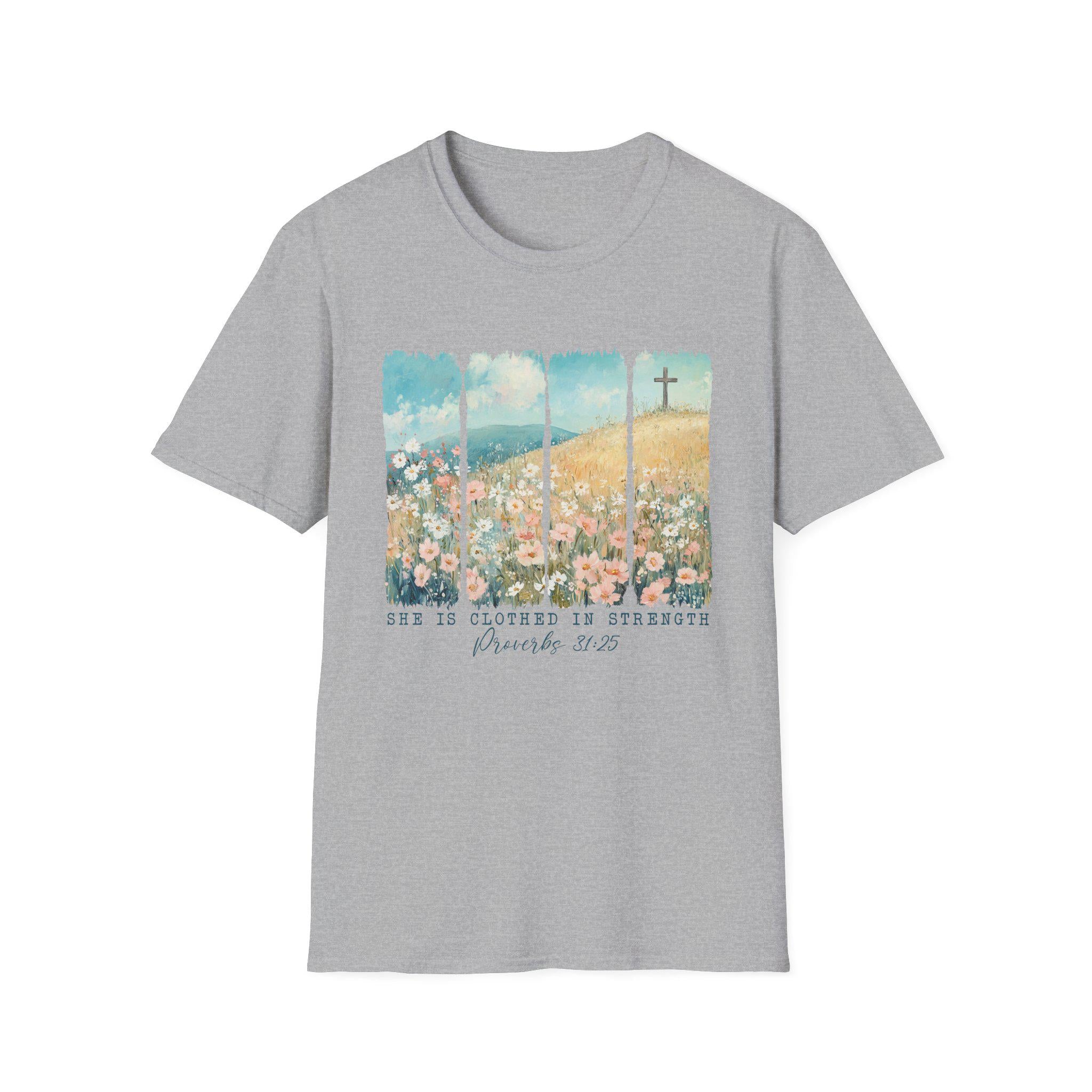 Scripture Floral Cross T-Shirt | Proverbs 31:25 faith tee, spring floral design