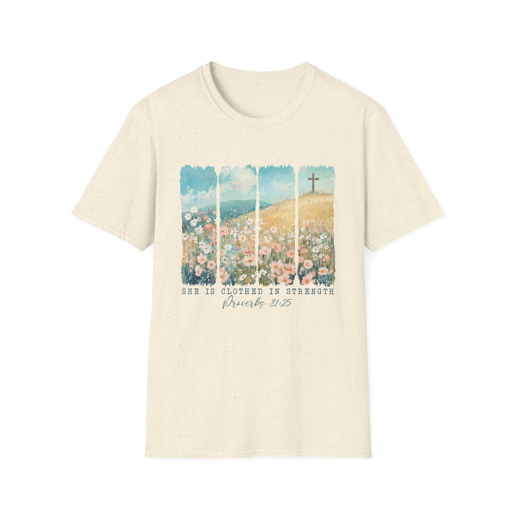 Scripture Floral Cross T-Shirt | Proverbs 31:25 faith tee, spring floral design
