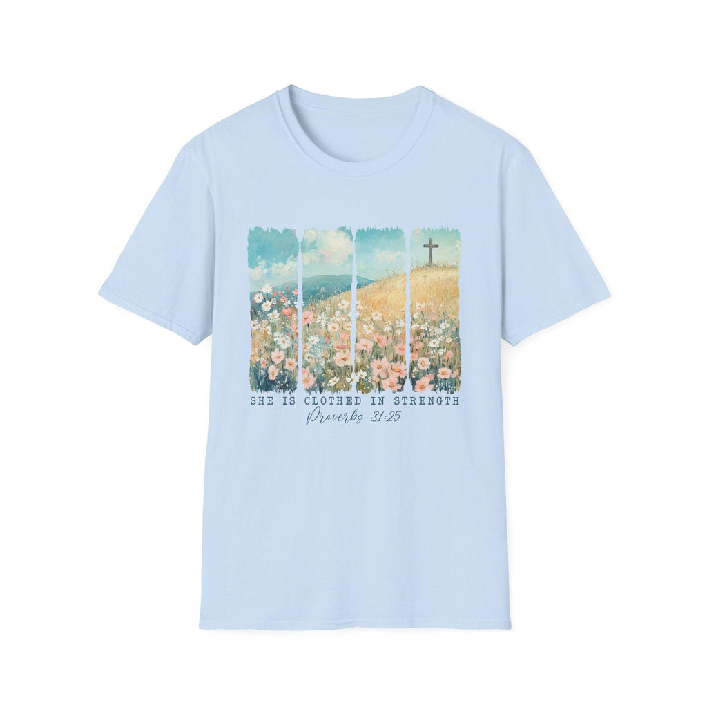 Scripture Floral Cross T-Shirt | Proverbs 31:25 faith tee, spring floral design