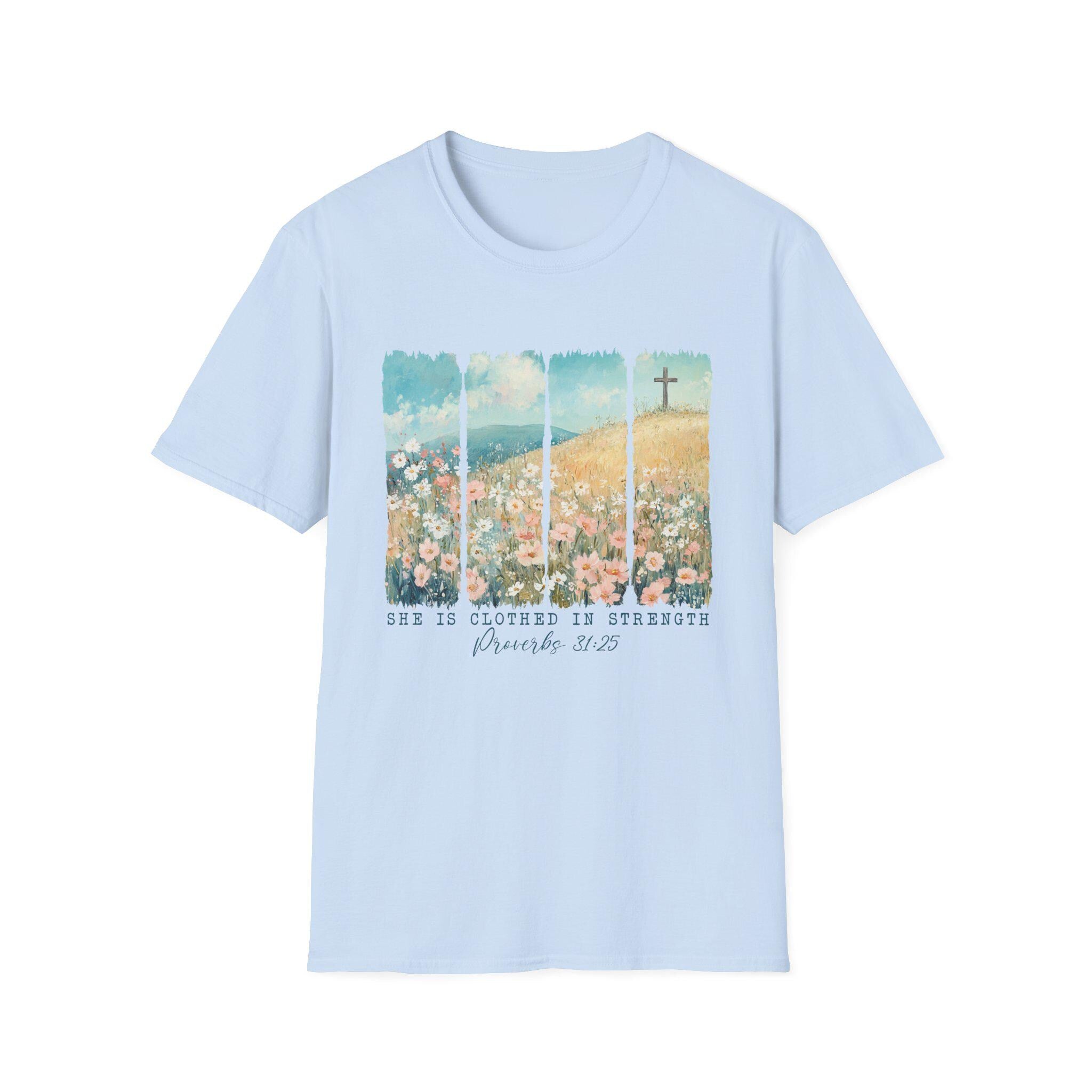 Scripture Floral Cross T-Shirt | Proverbs 31:25 faith tee, spring floral design