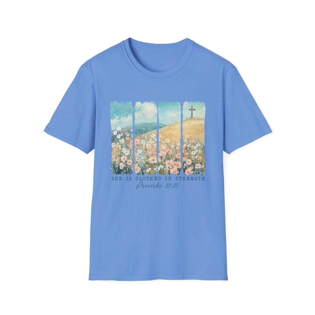 Scripture Floral Cross T-Shirt | Proverbs 31:25 faith tee, spring floral design