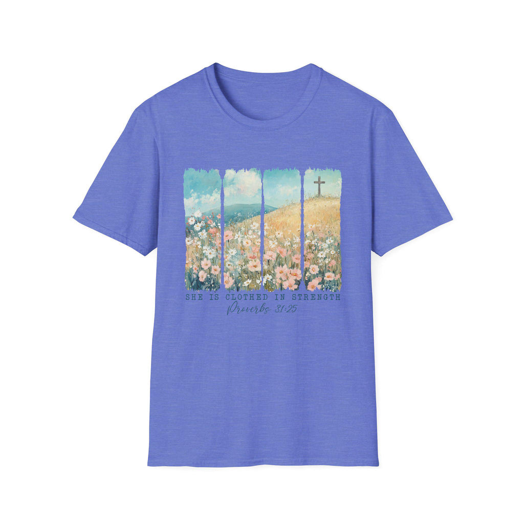 Scripture Floral Cross T-Shirt | Proverbs 31:25 faith tee, spring floral design