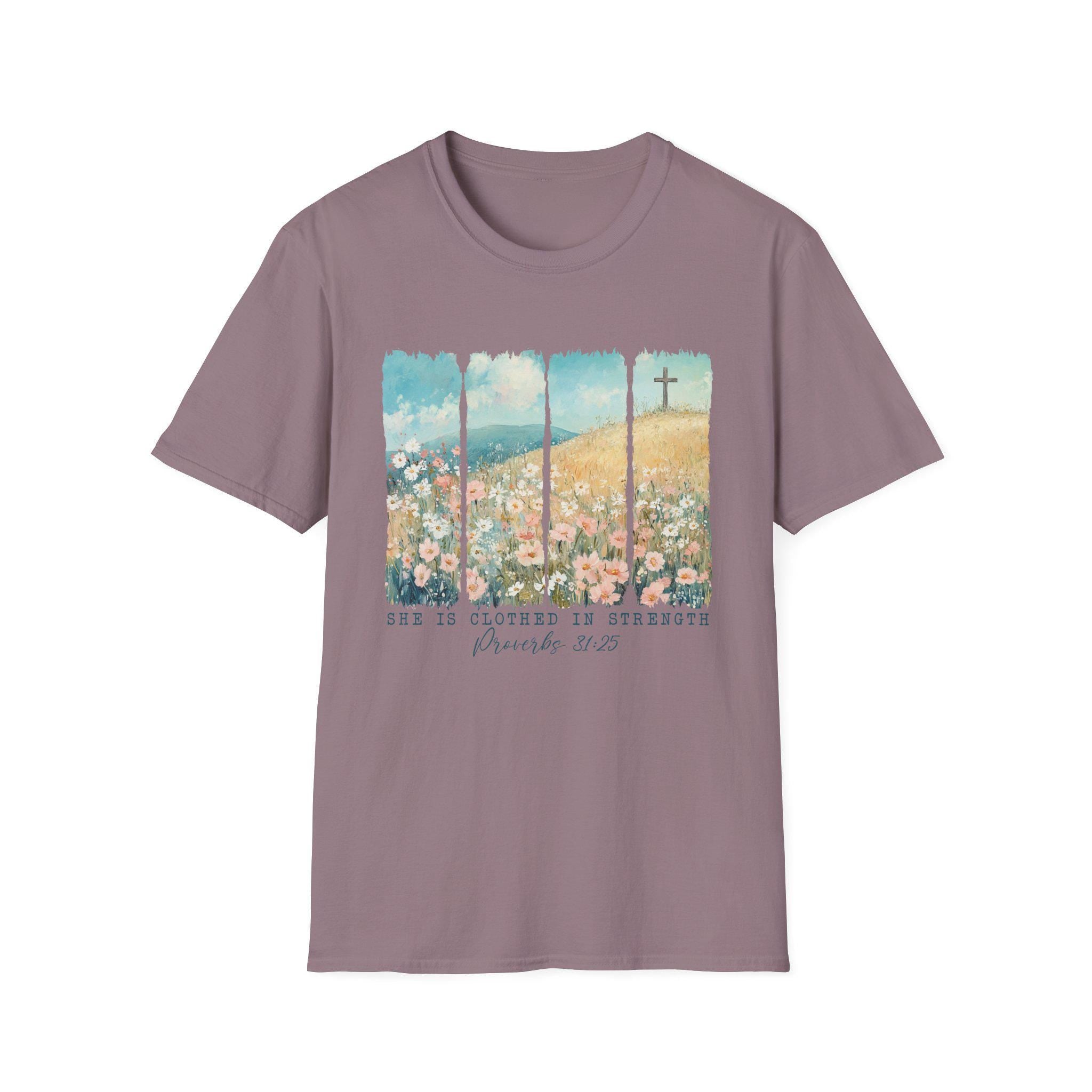 Scripture Floral Cross T-Shirt | Proverbs 31:25 faith tee, spring floral design