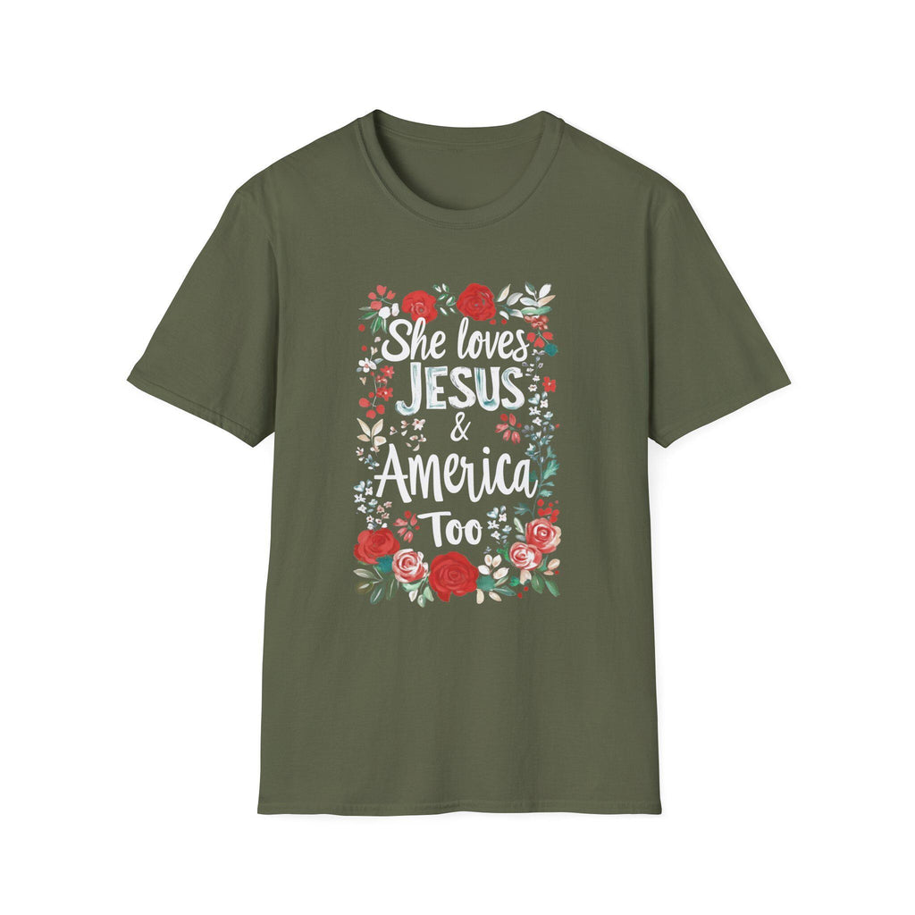 She Loves Jesus & America Too T-Shirt | Floral Patriotic Faith Tee