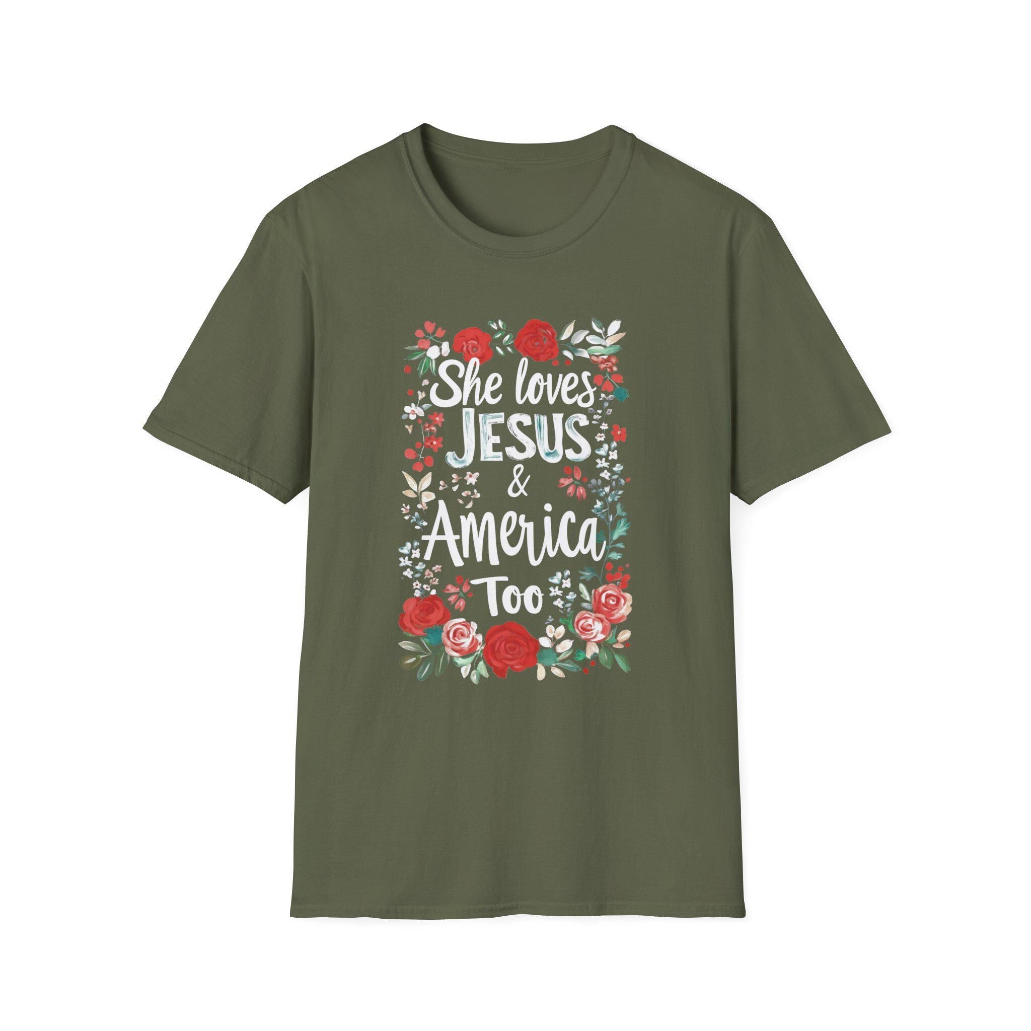 She Loves Jesus & America Too T-Shirt | Floral Patriotic Faith Tee