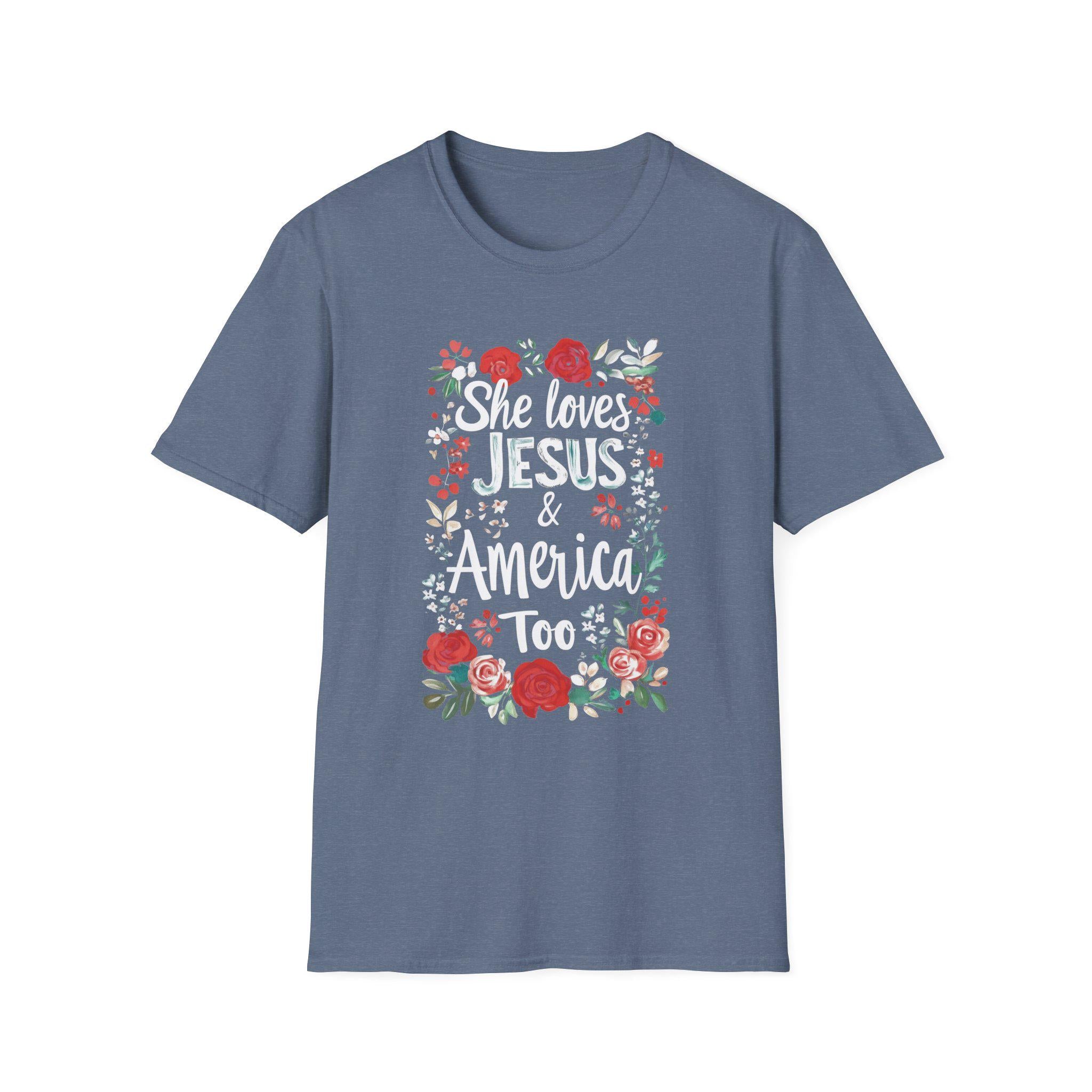 She Loves Jesus & America Too T-Shirt | Floral Patriotic Faith Tee