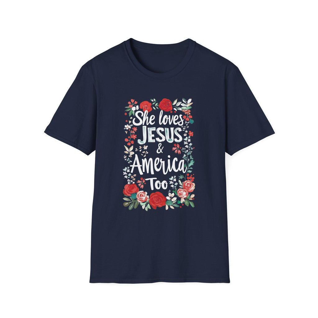 She Loves Jesus & America Too T-Shirt | Floral Patriotic Faith Tee