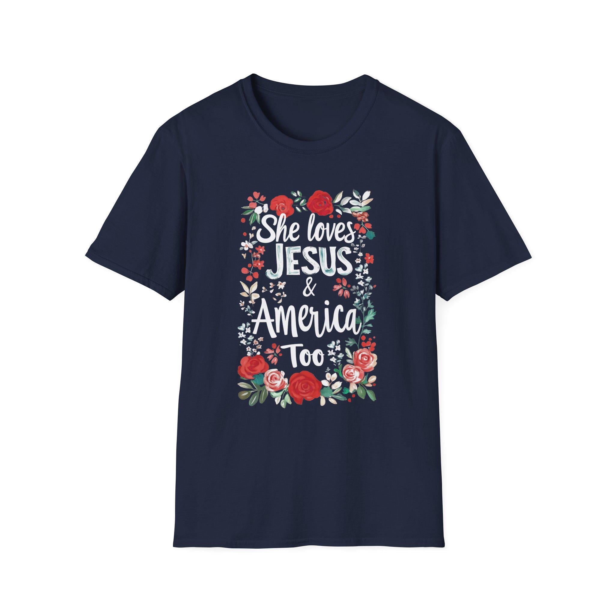 She Loves Jesus & America Too T-Shirt | Floral Patriotic Faith Tee