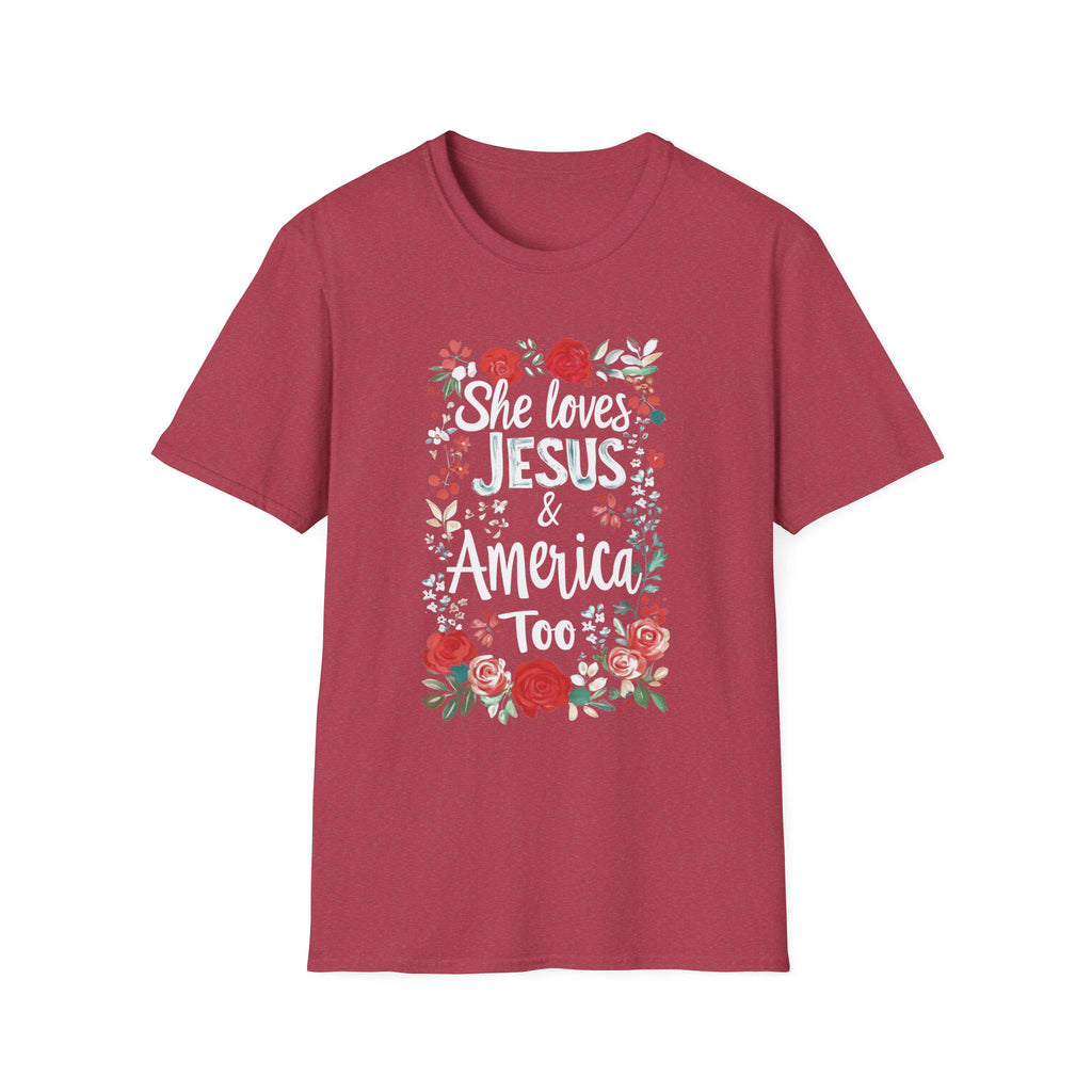 She Loves Jesus & America Too T-Shirt | Floral Patriotic Faith Tee
