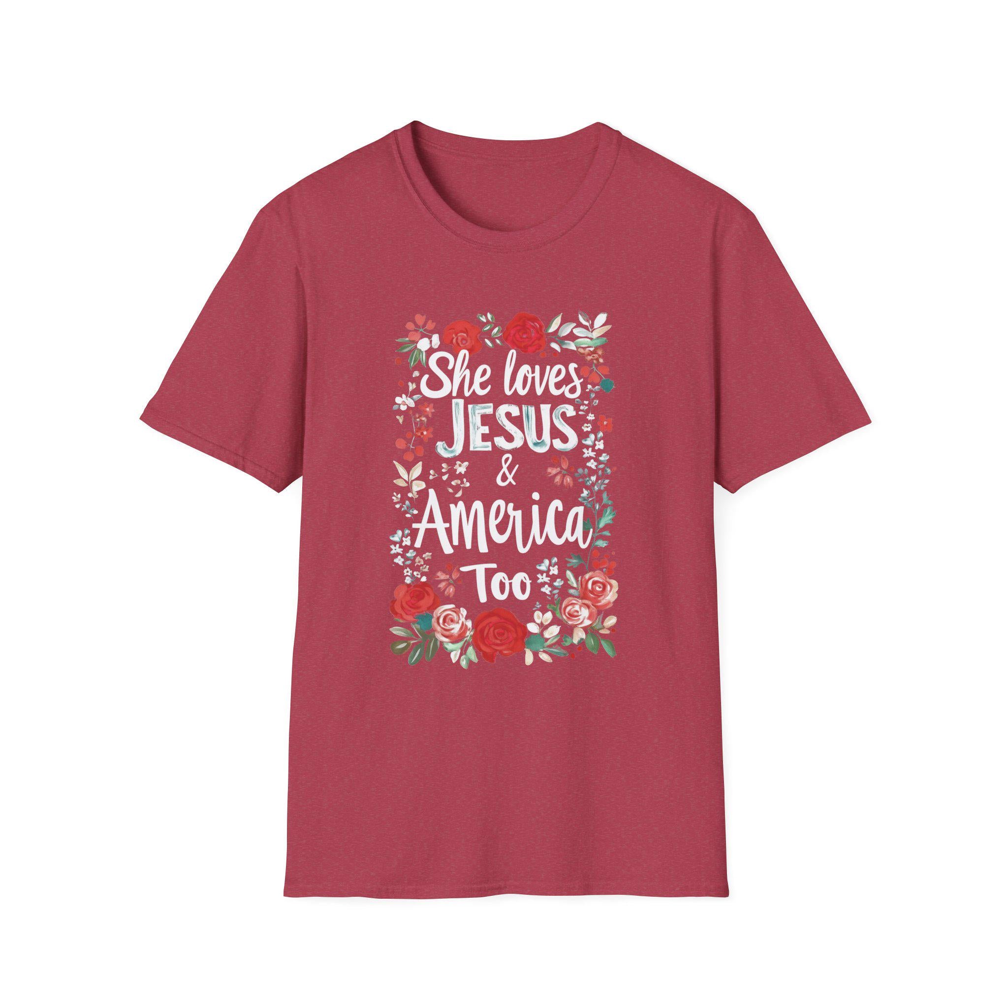 She Loves Jesus & America Too T-Shirt | Floral Patriotic Faith Tee