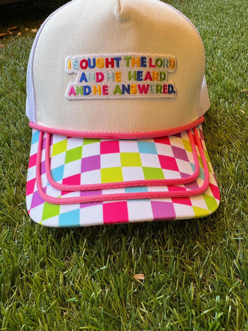 Embroidered Patch Hat: "I Sought the Lord" Neon Trucker Cap