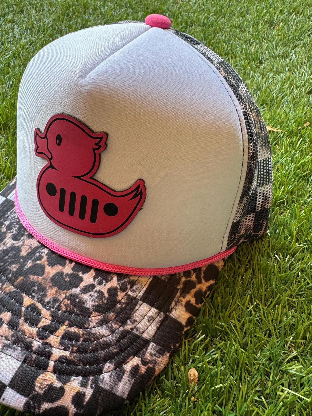 Pink leather duck mesh trucker hat