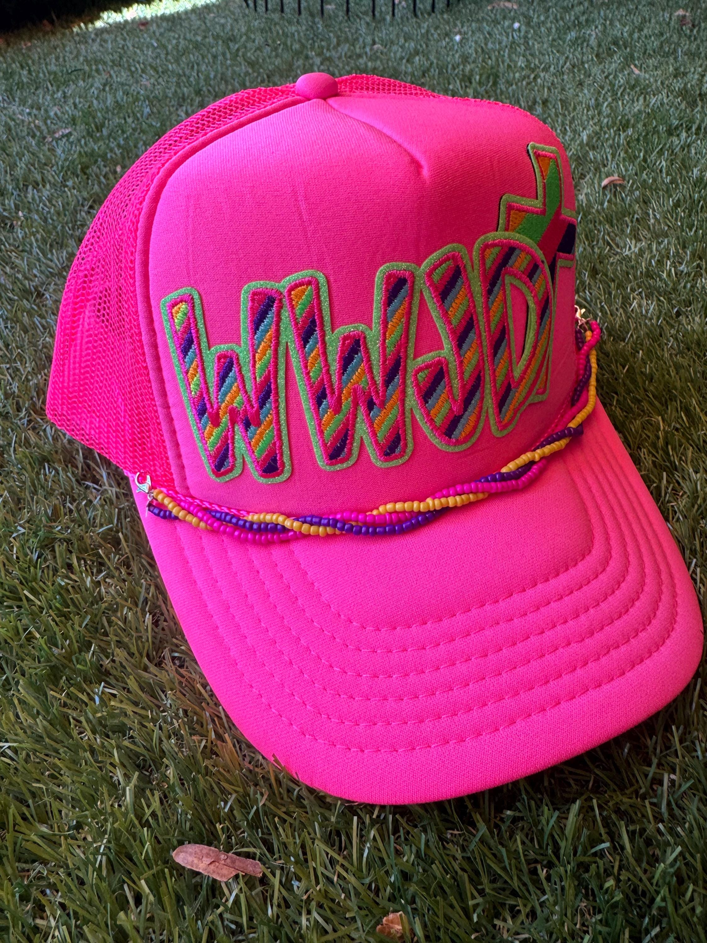 WWJD neon trucker hat