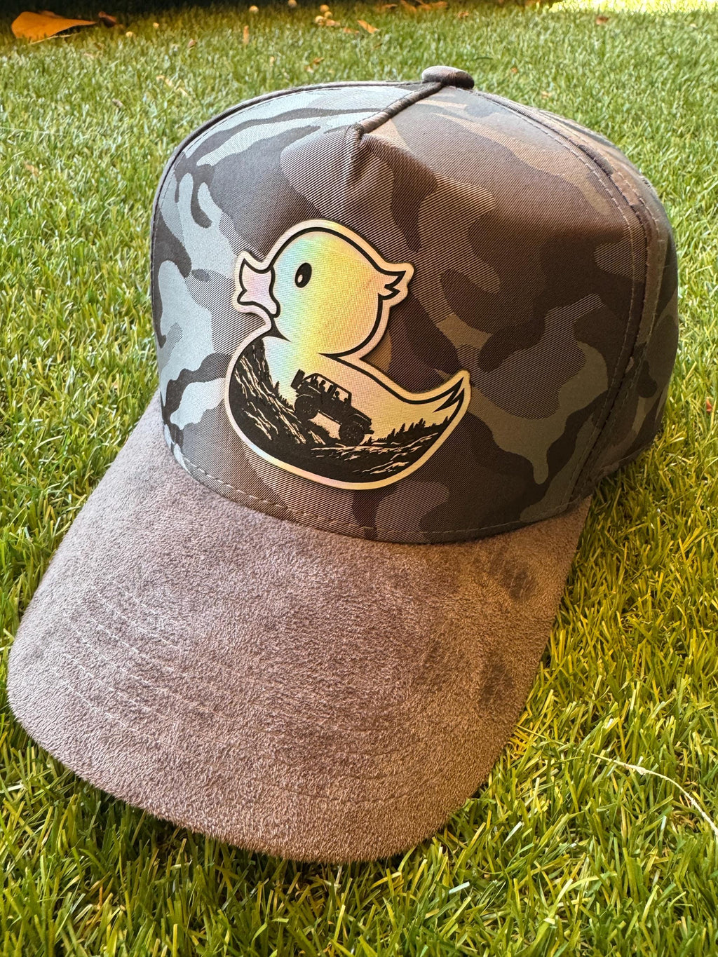 Camouflage Duck custom trucker hat with suede bill