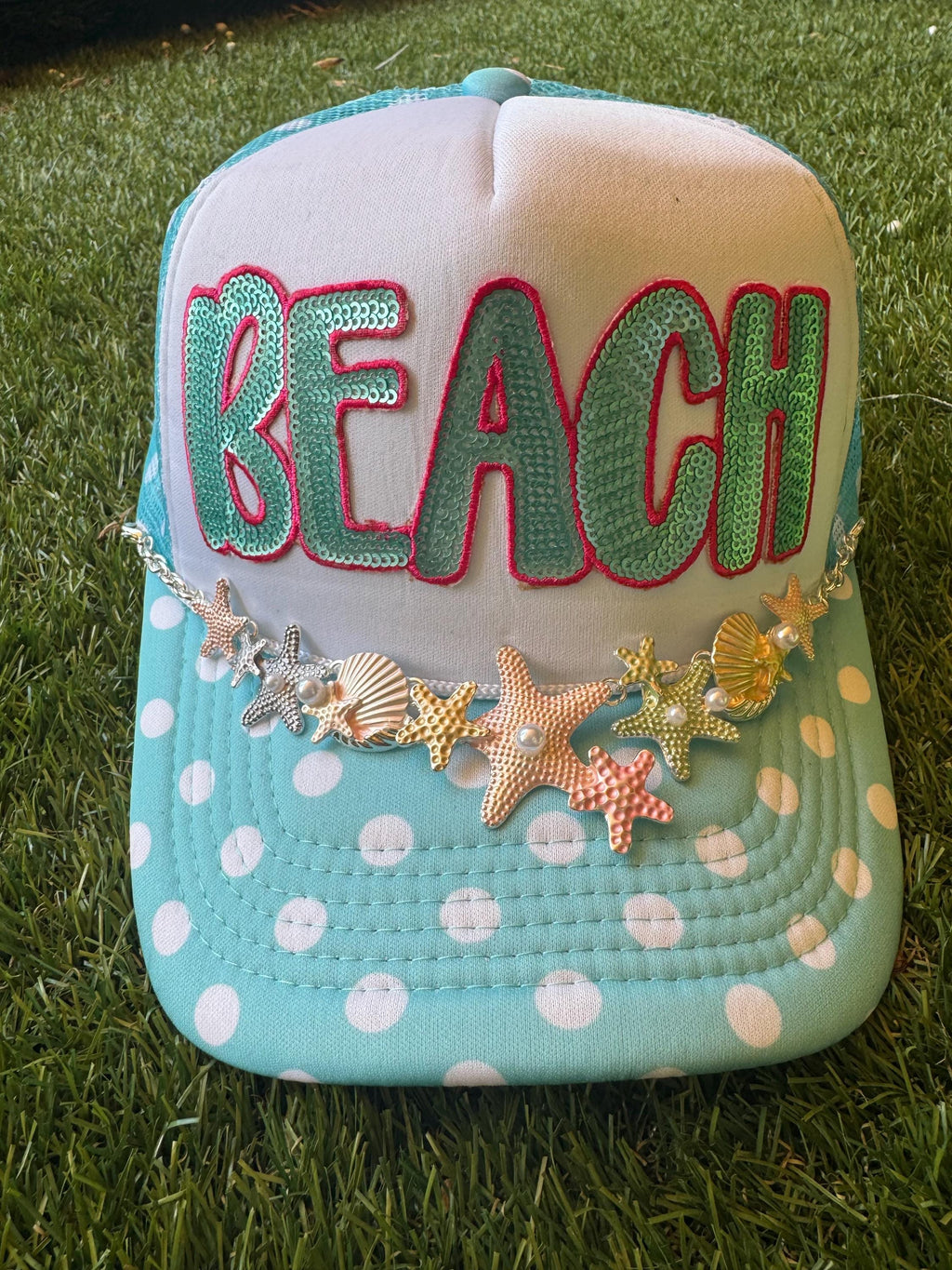 Sequined BEACH on polka dot trucker hat