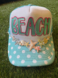 Sequined BEACH on polka dot trucker hat