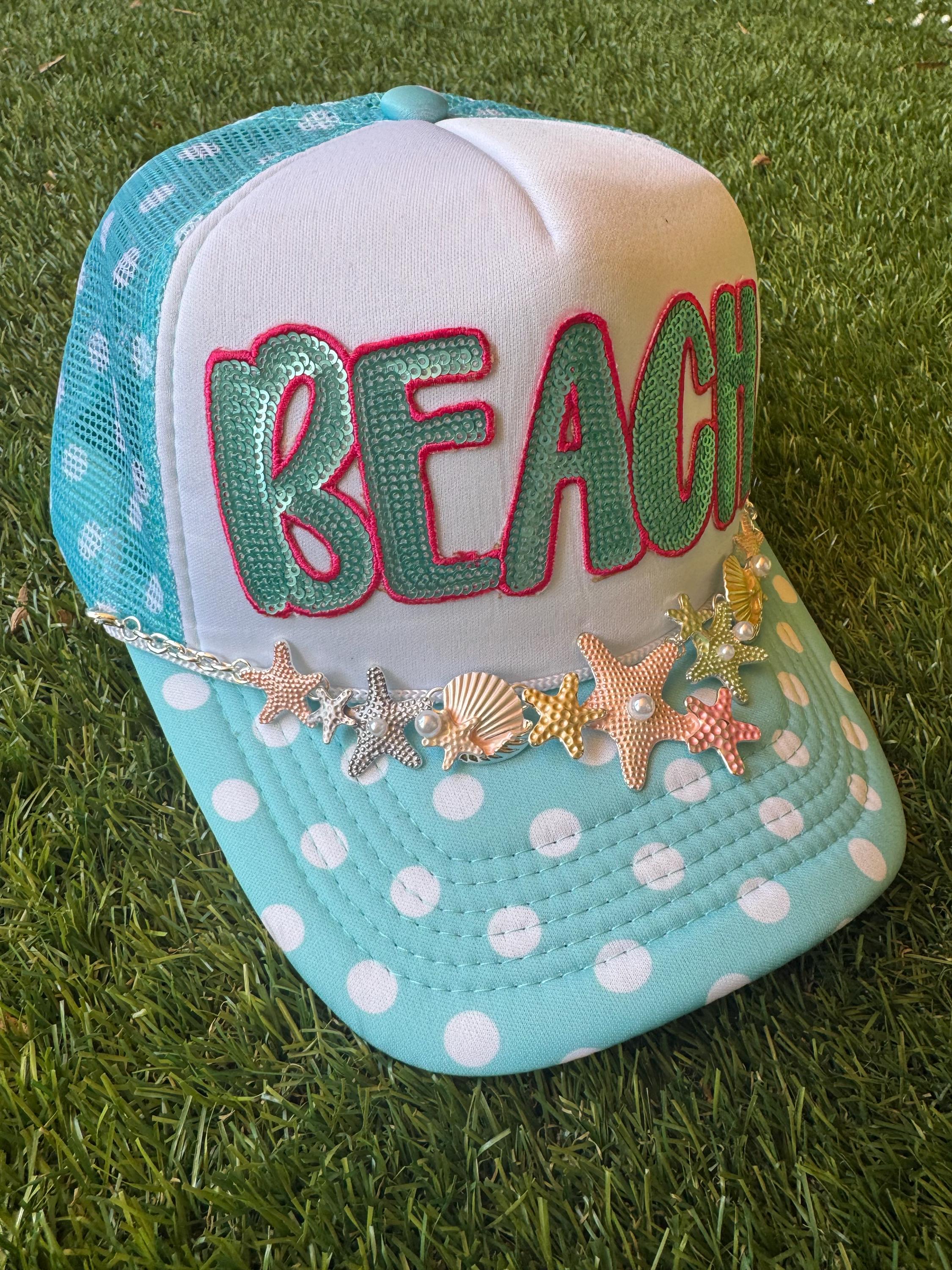 Sequined BEACH on polka dot trucker hat