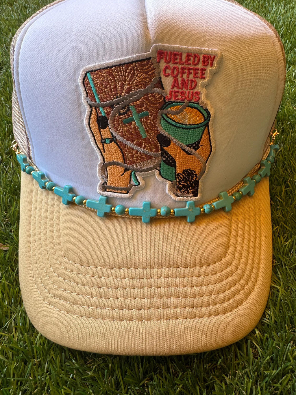 Fueled on Jesus and Coffee trucker hat with cross mesh and tourquise cross hat chain