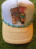 Fueled on Jesus and Coffee trucker hat with cross mesh and tourquise cross hat chain