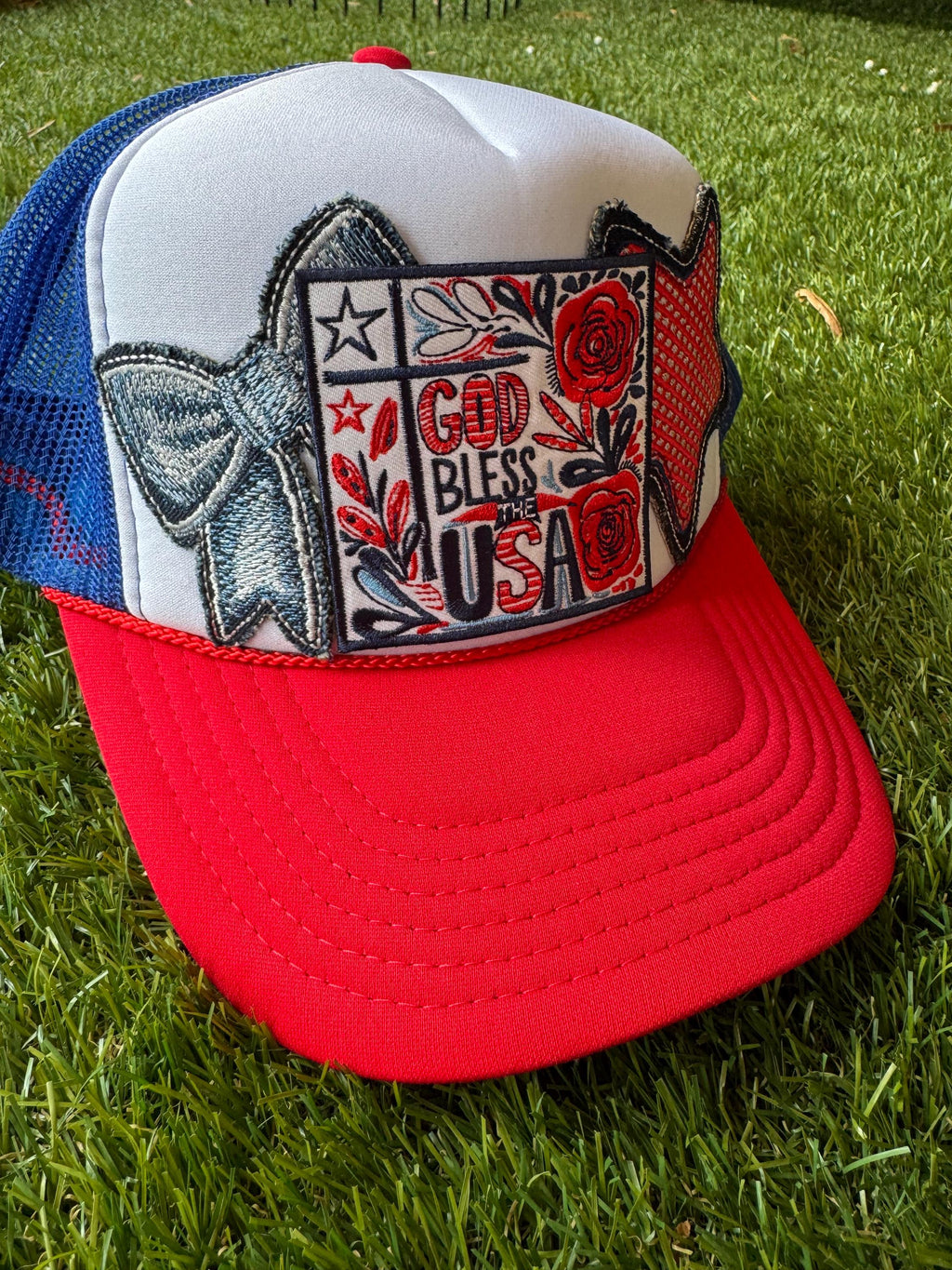 God Bless the USA custom trucker hat with bow and star