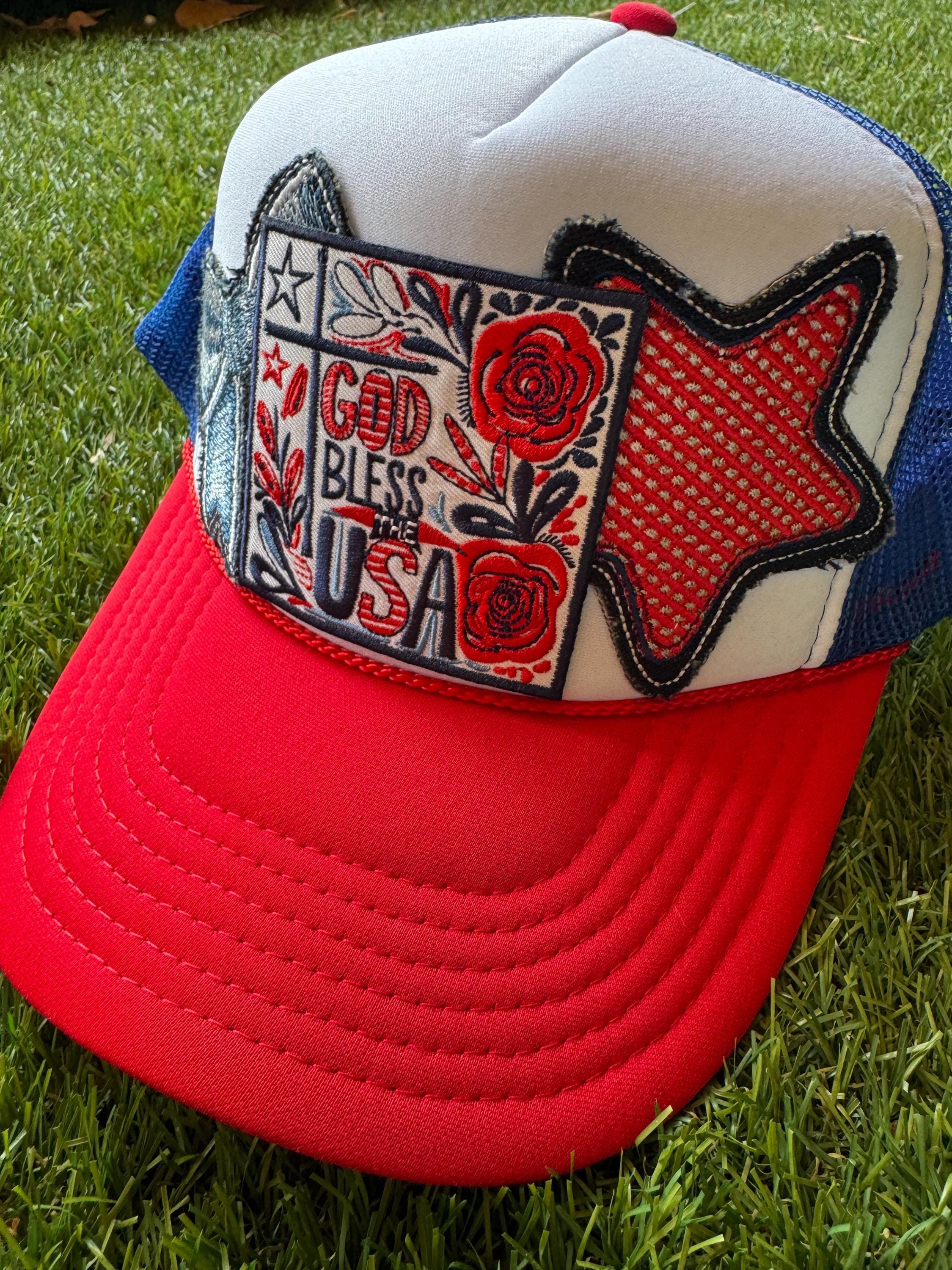God Bless the USA custom trucker hat with bow and star