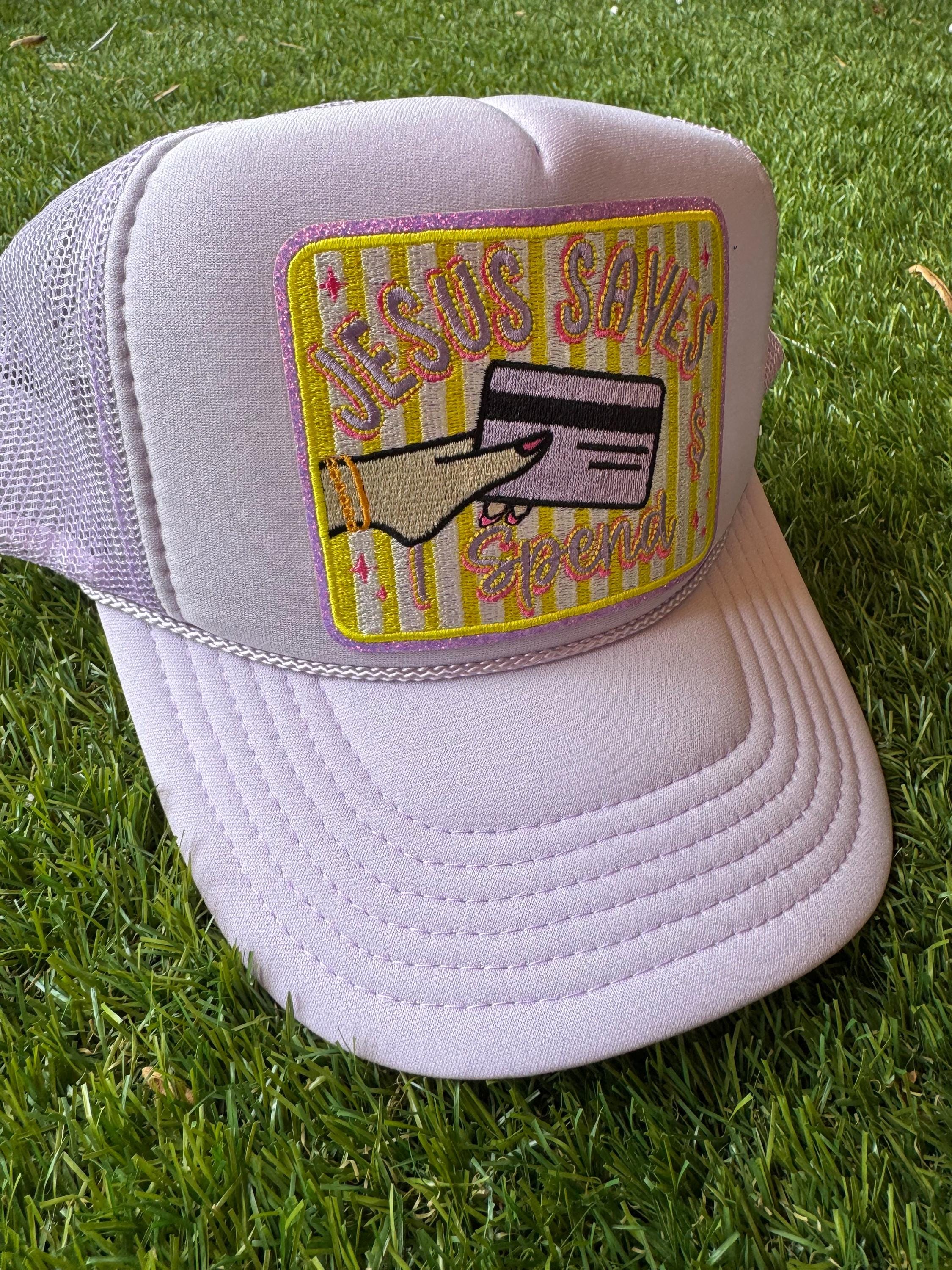 Jesus Saves I Spend custom trucker hat in Lavender