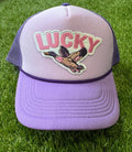 Lucky Duck on purple tri color trucker hat with magna pony