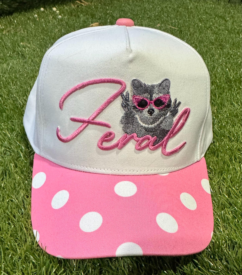 Feral raccoon on pink polka dot canvas trucker hat
