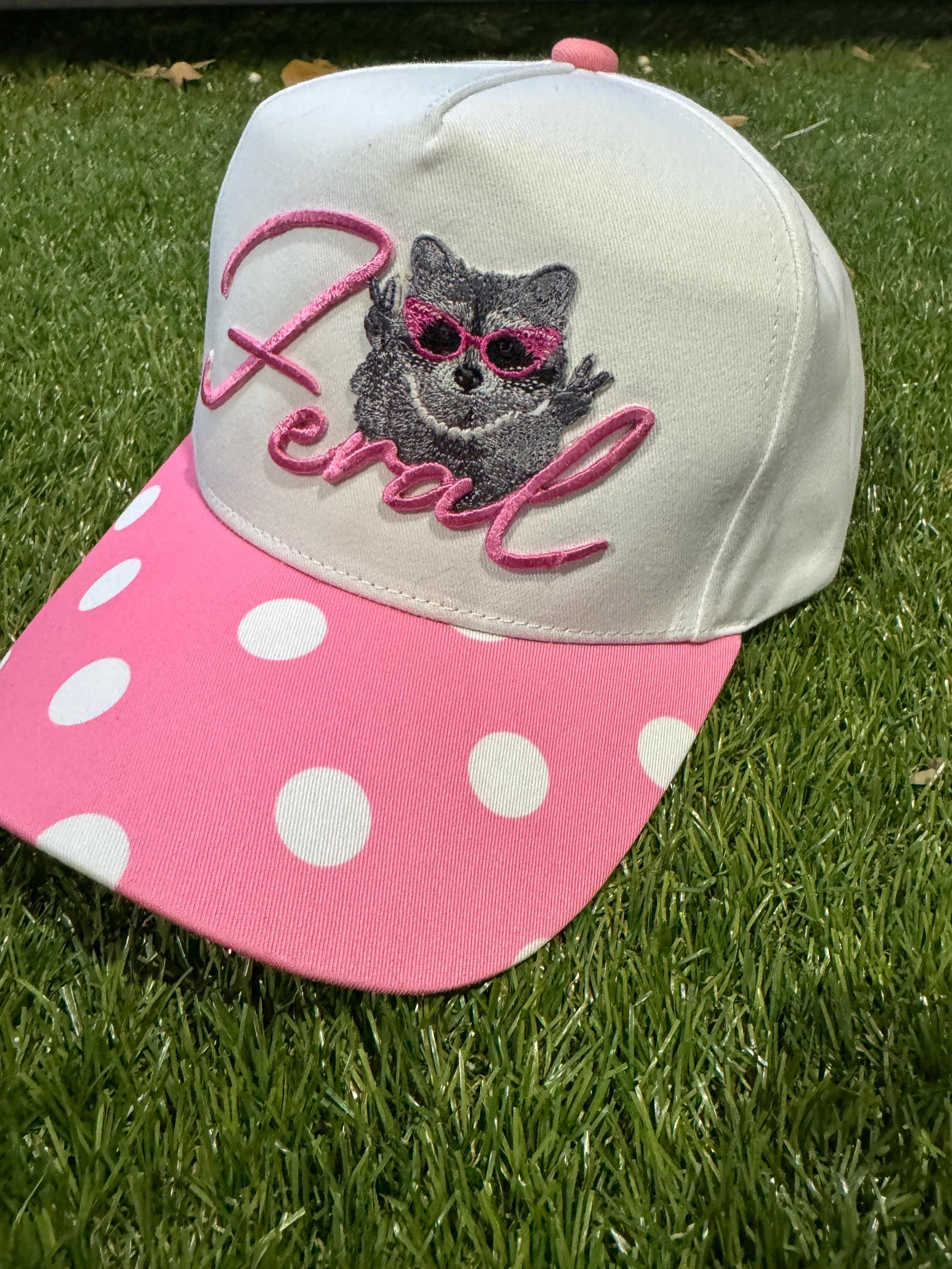 Feral raccoon on pink polka dot canvas trucker hat
